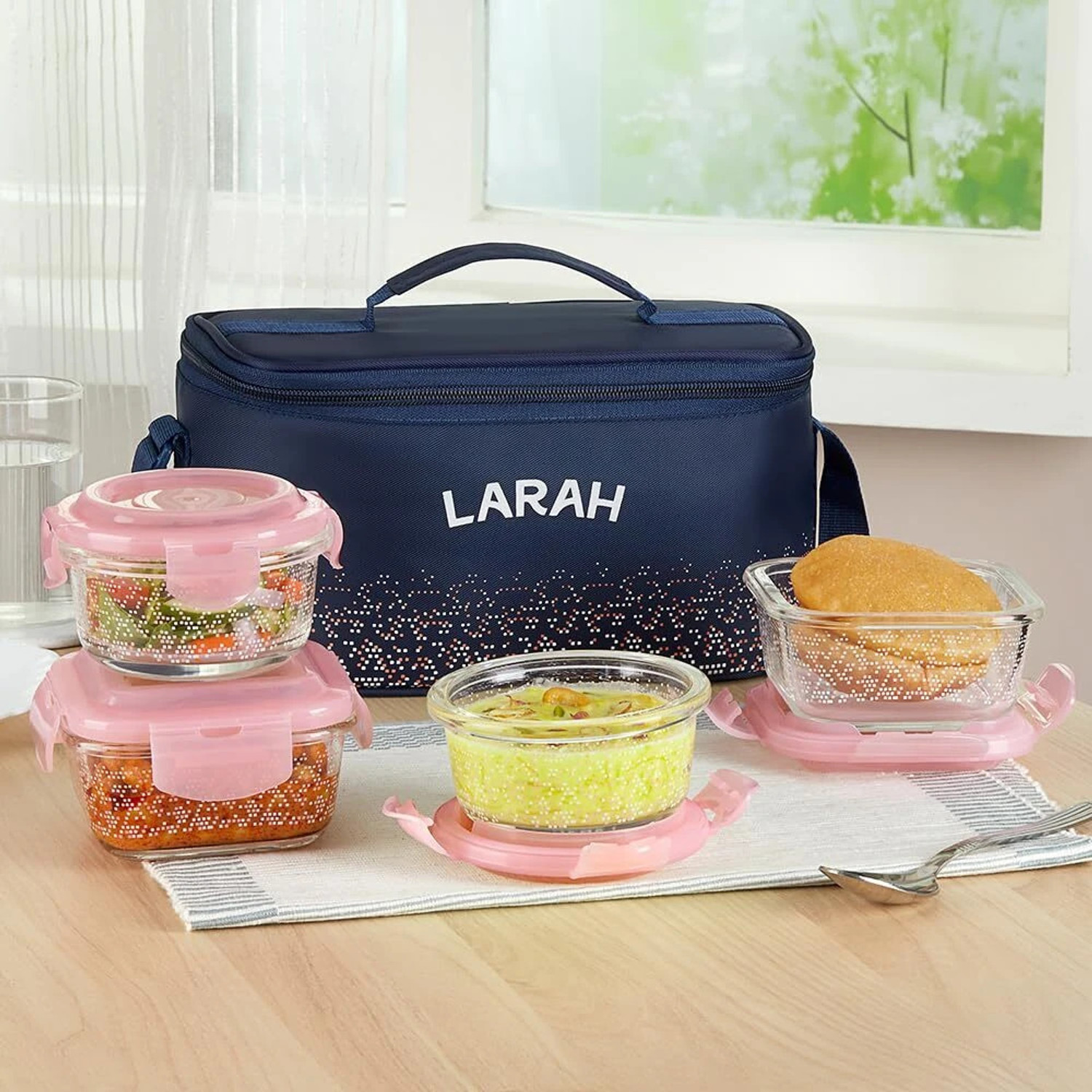 Image of Larah by Borosil Speckle Pink Universal Borosilicate Glass Tiffin, (320ml x 2 + 240ml x 2) 4 Containers Glass Office Lunch Box