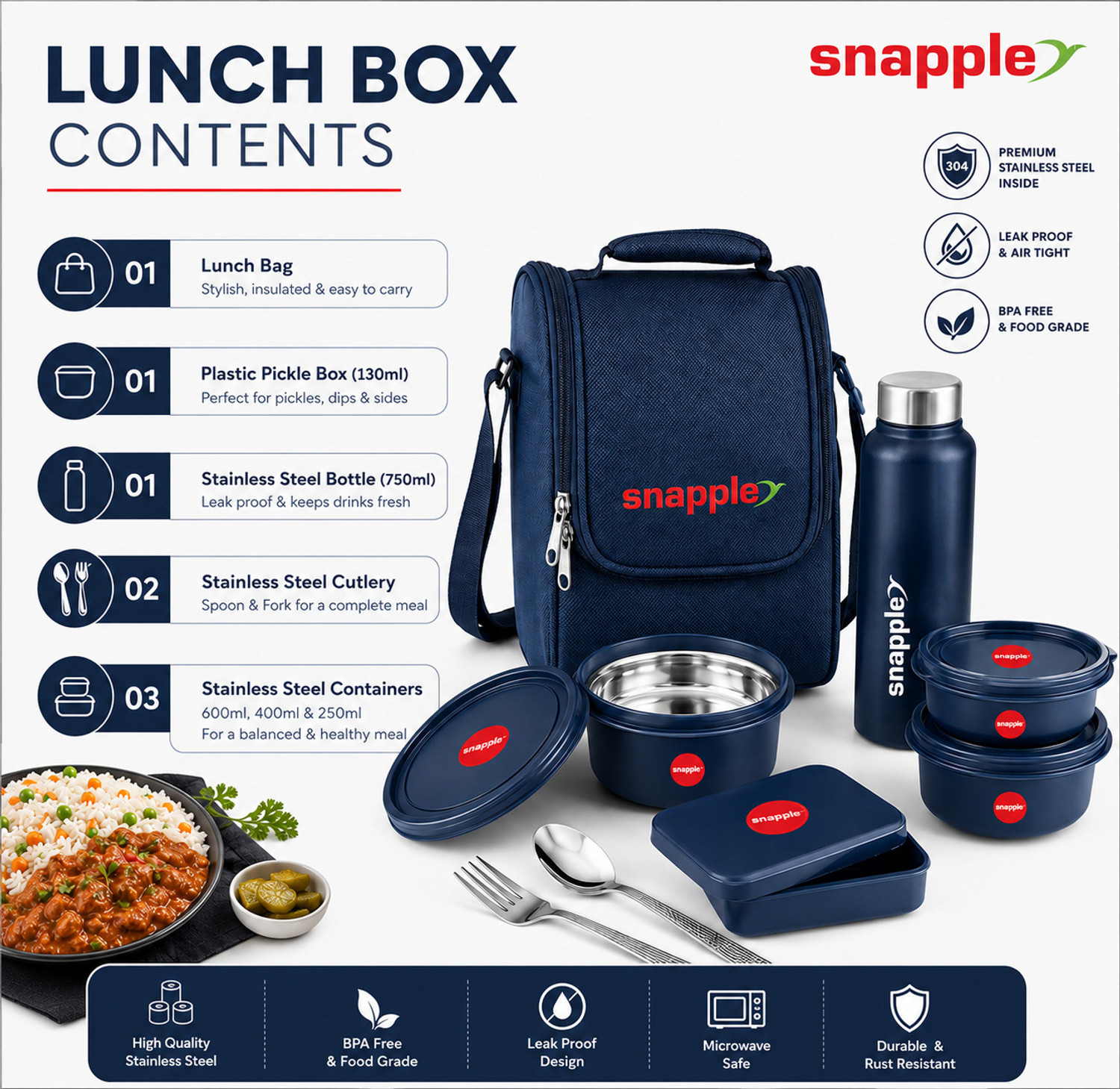 Image of Snapple Classo Lunch Box Set with Bottle, Bag & Cutlery 4 Containers Stainless Steel Office Lunch Box