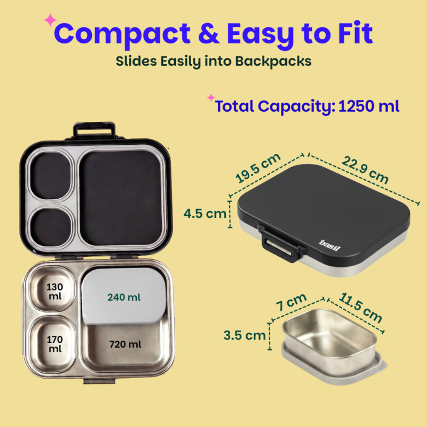 Image of BASIL Quad plus 4-Compartment Stainless Steel Bento Box (1020ml) - Classic Black 4 Containers Stainless Steel School Lunch Box