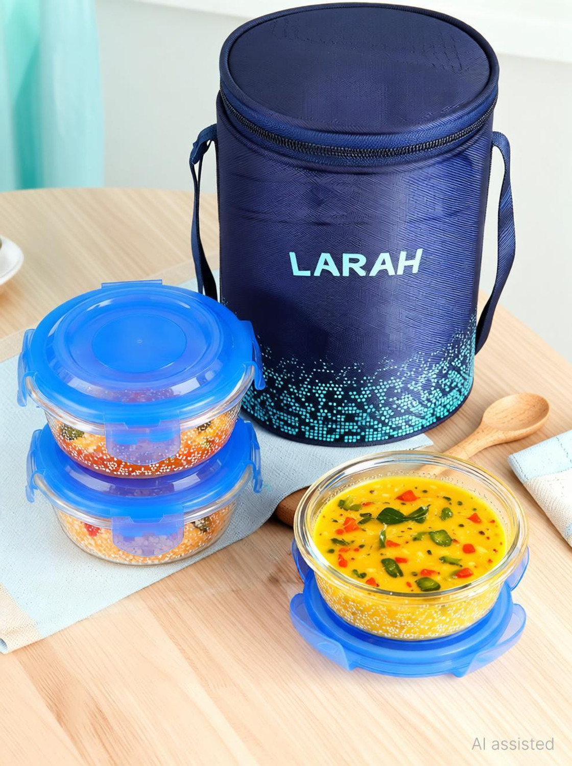Image of Larah by Borosil Speckle Blue Borosilicate Glass Lunchbox, 3pc Round Set (400ml x 3) Tiffin 3 Containers Glass Office Lunch Box
