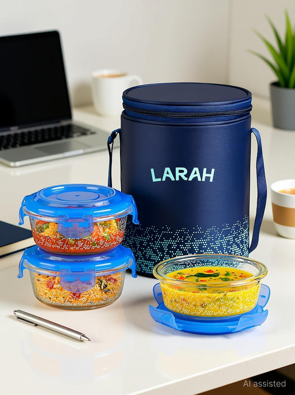 Image of Larah by Borosil Speckle Blue Borosilicate Glass Lunchbox, 3pc Round Set (400ml x 3) Tiffin 3 Containers Glass Office Lunch Box