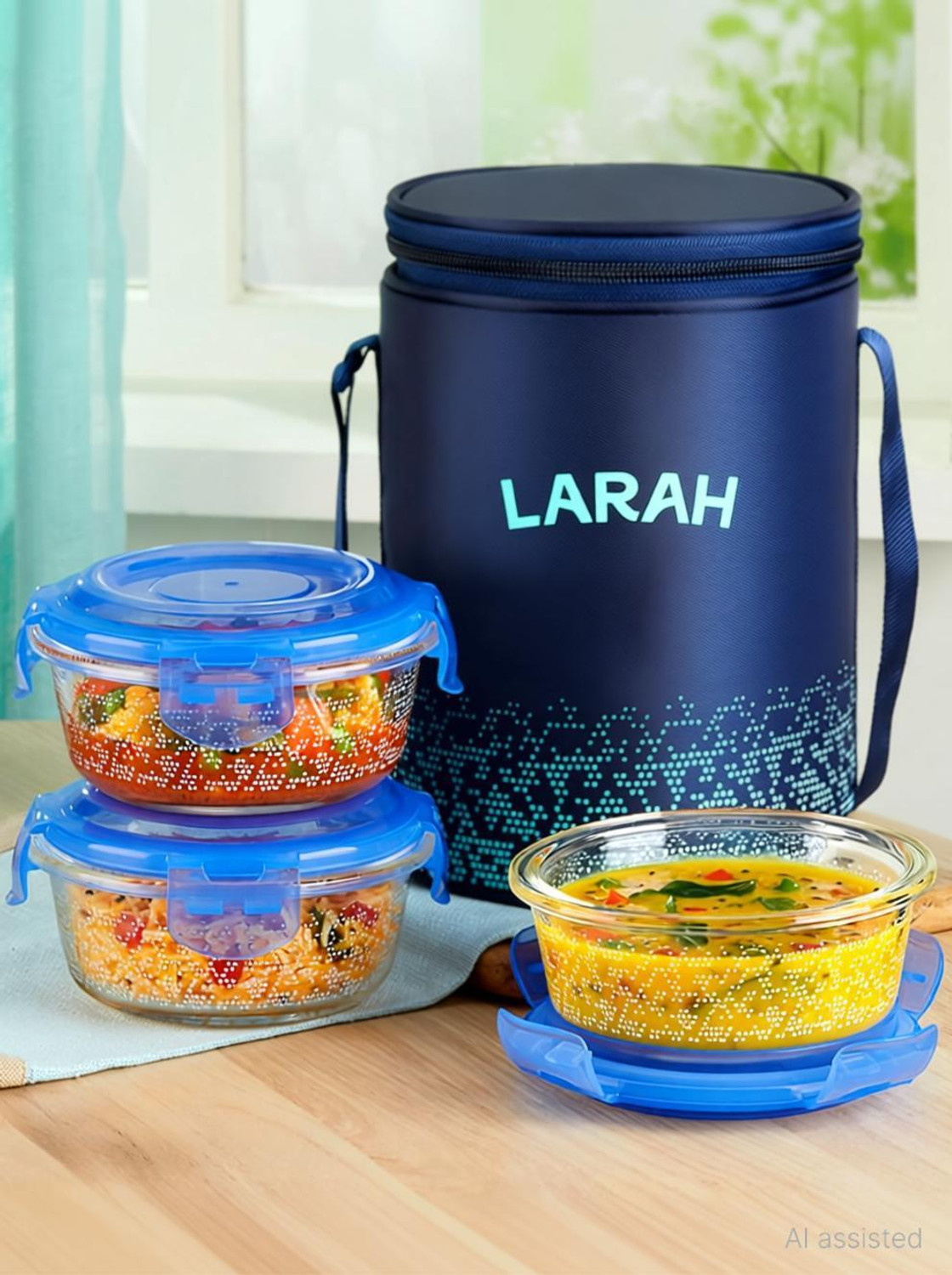 Image of Larah by Borosil Speckle Blue Borosilicate Glass Lunchbox, 3pc Round Set (400ml x 3) Tiffin 3 Containers Glass Office Lunch Box