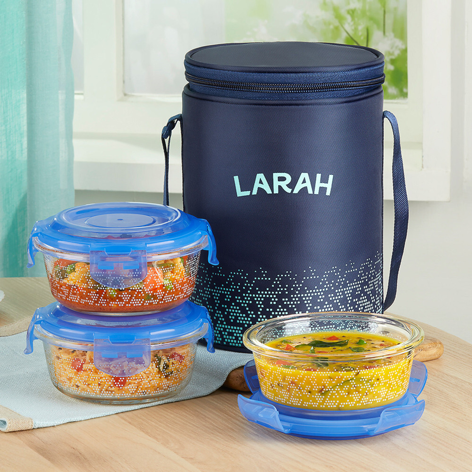 Image of Larah by Borosil Speckle Blue Borosilicate Glass Lunchbox, 3pc Round Set (400ml x 3) Tiffin 3 Containers Glass Office Lunch Box