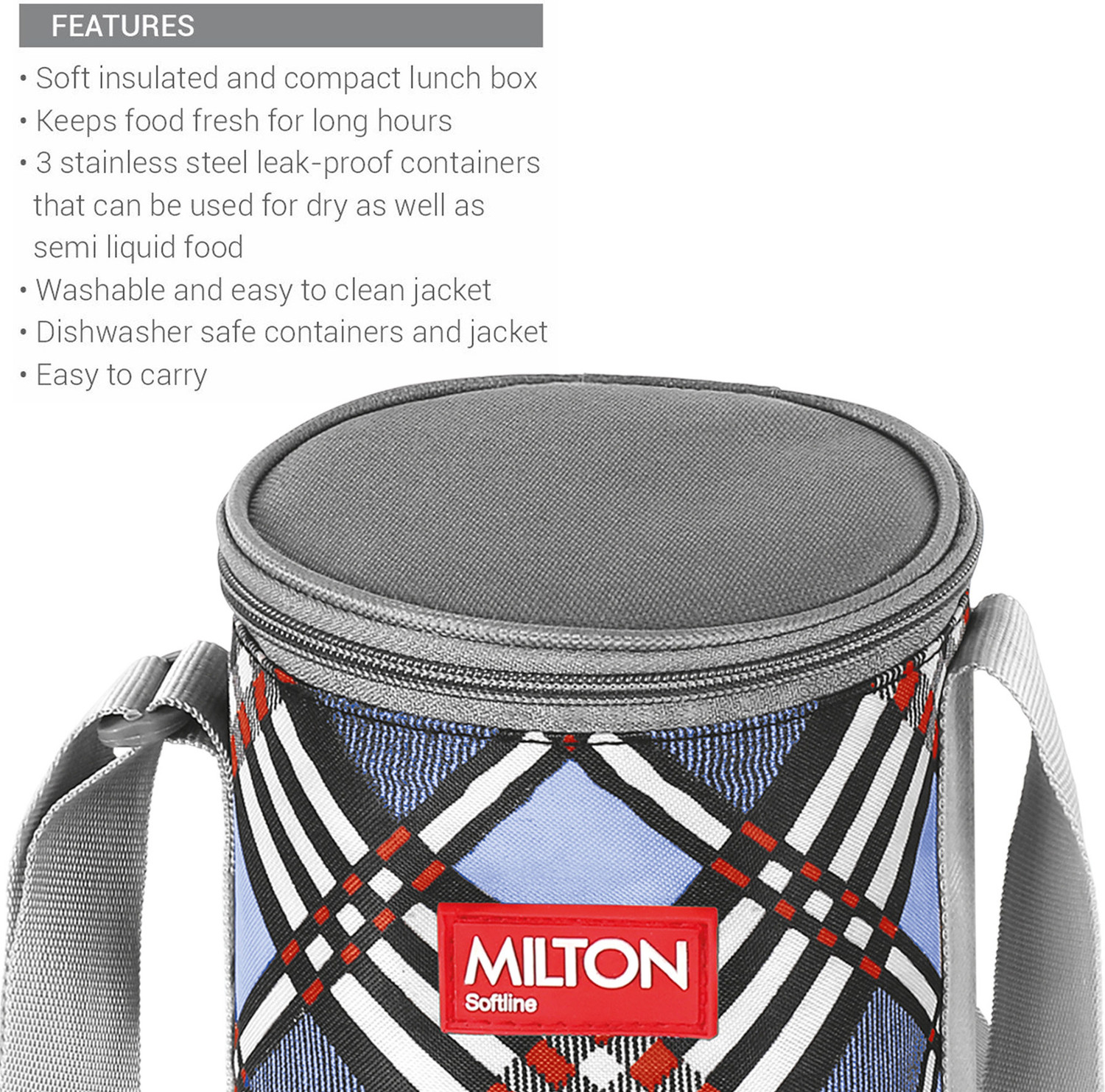 Image of MILTON Steel Treat 3 Stainless Steel Tiffin, 3 Containers, 280 Each with Jacket, Blue 3 Containers Stainless Steel Office Lunch Box