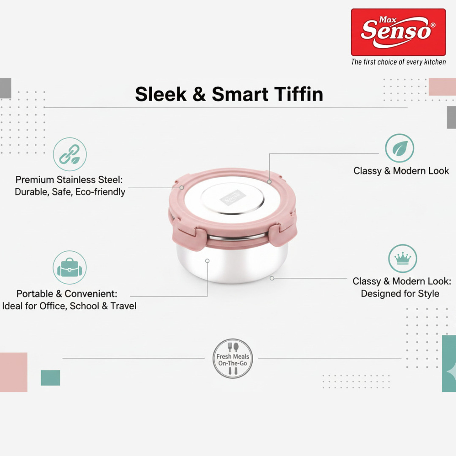 Image of Max Senso Apolo Stainless Steel Lunch Box Pack of 2 with Airtight & Leak Proof Containers 4 Containers Stainless Steel, Plastic Office Lunch Box