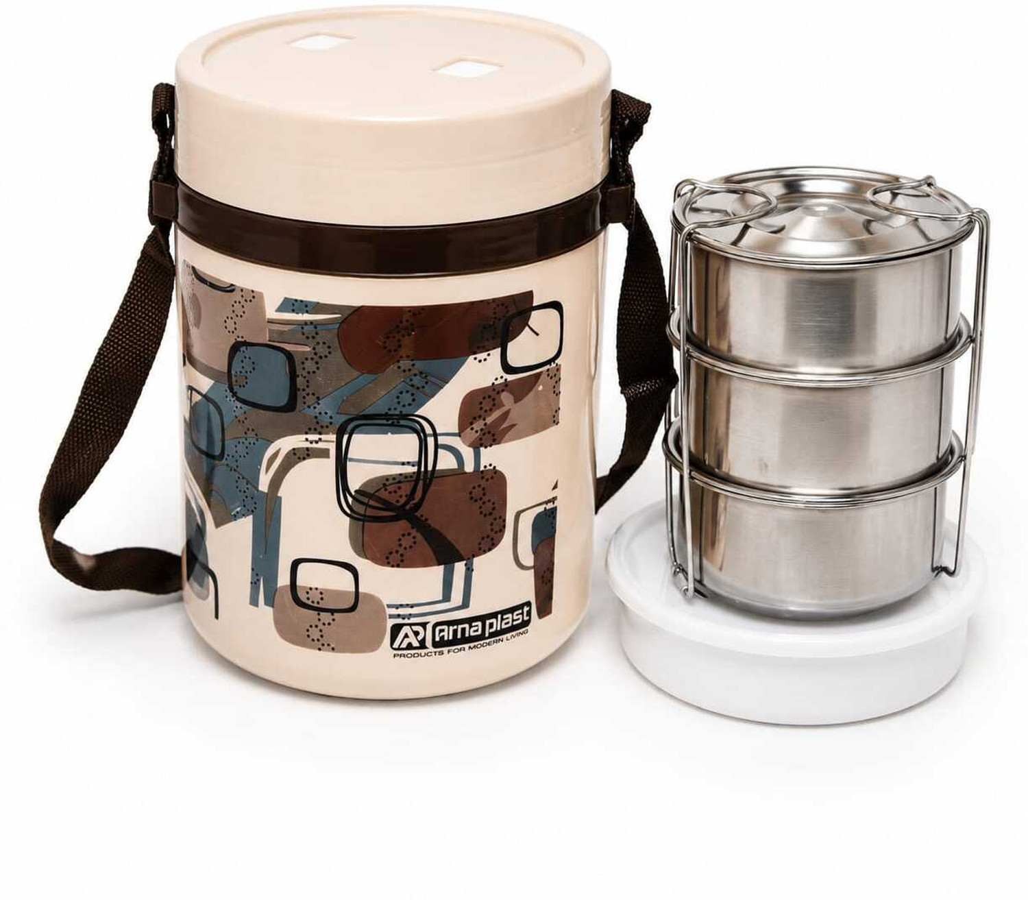 Image of PRDENTERPRISES 3 Layer Stainless Steel Lunch Box with Insulated Outer Container & Carry Strap 3 Containers Stainless Steel Office Lunch Box