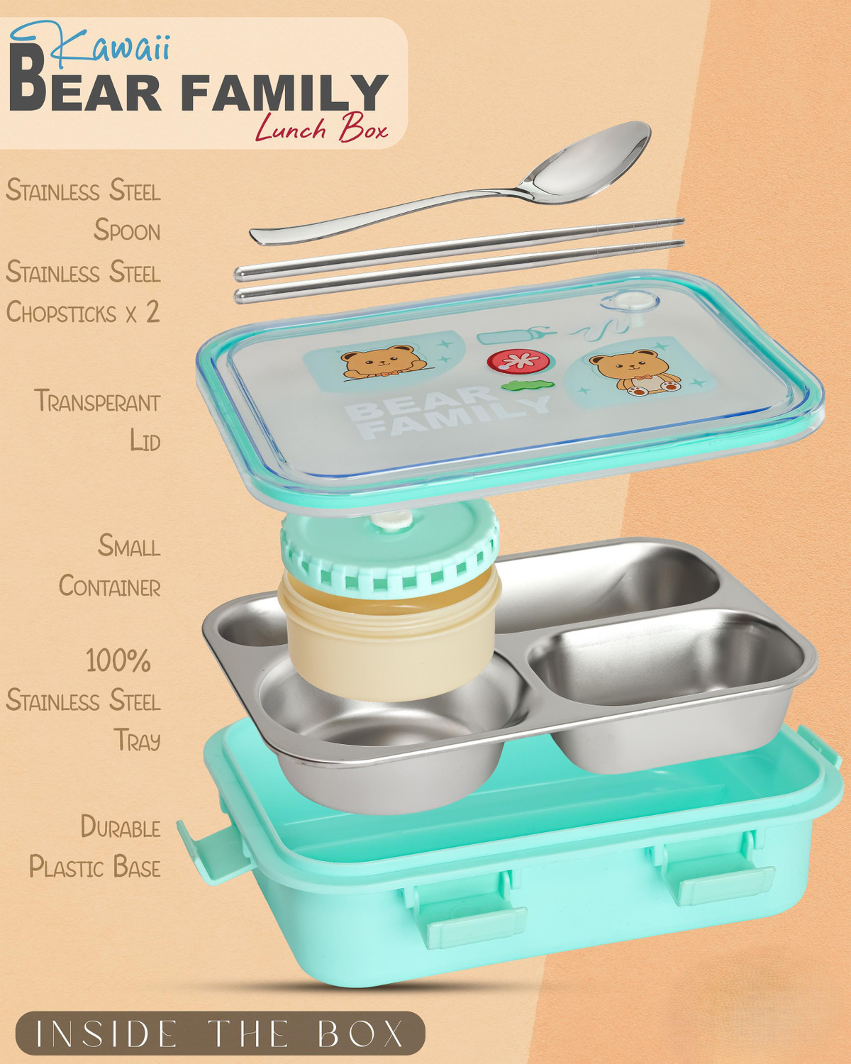 Image of Boxito Bear Family Kawaii Lunch Box 3 Containers Stainless Steel, Plastic, Silicone School Lunch Box