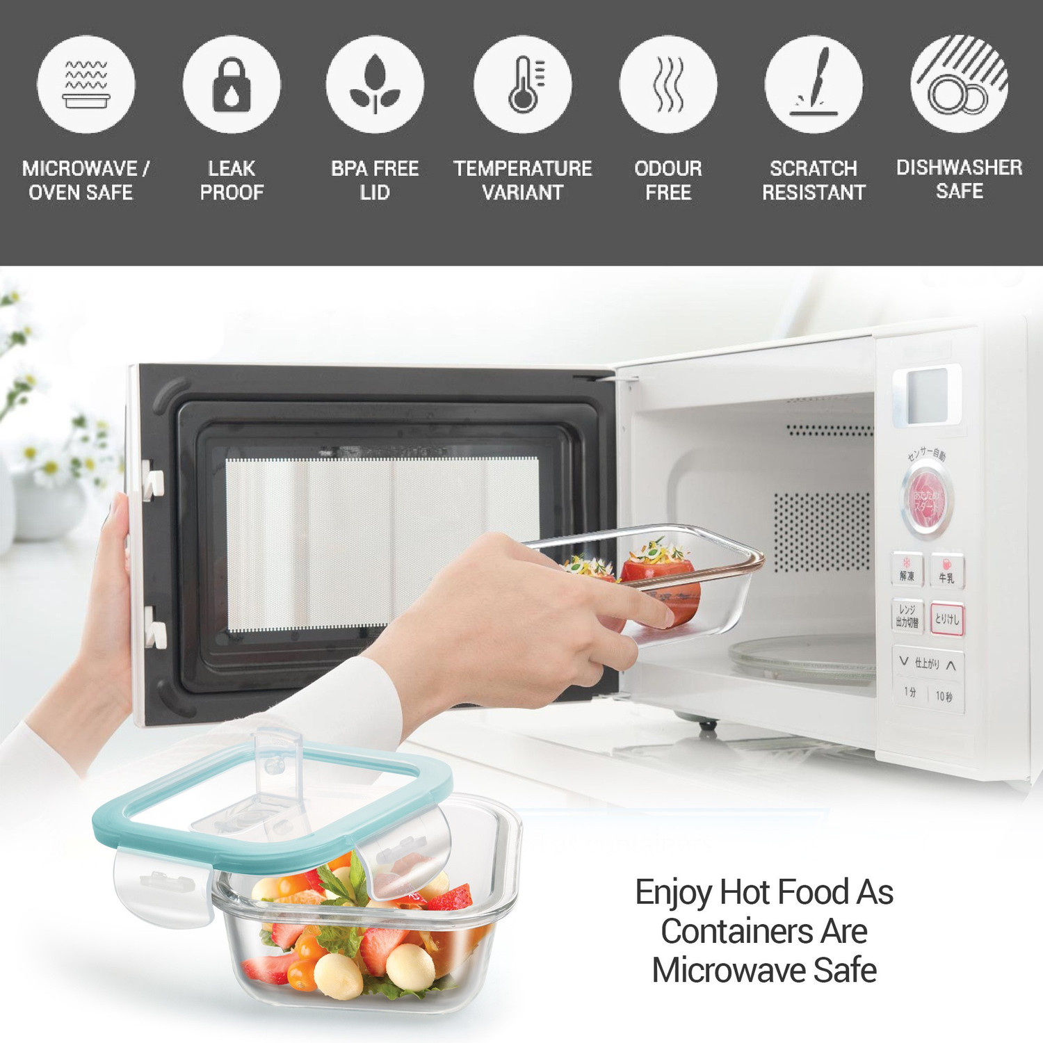 Image of TREO All Fresh Square Tiffin 2 Containers of 400 ml Each with Jacket | Microwave Safe 2 Containers Glass Office Lunch Box