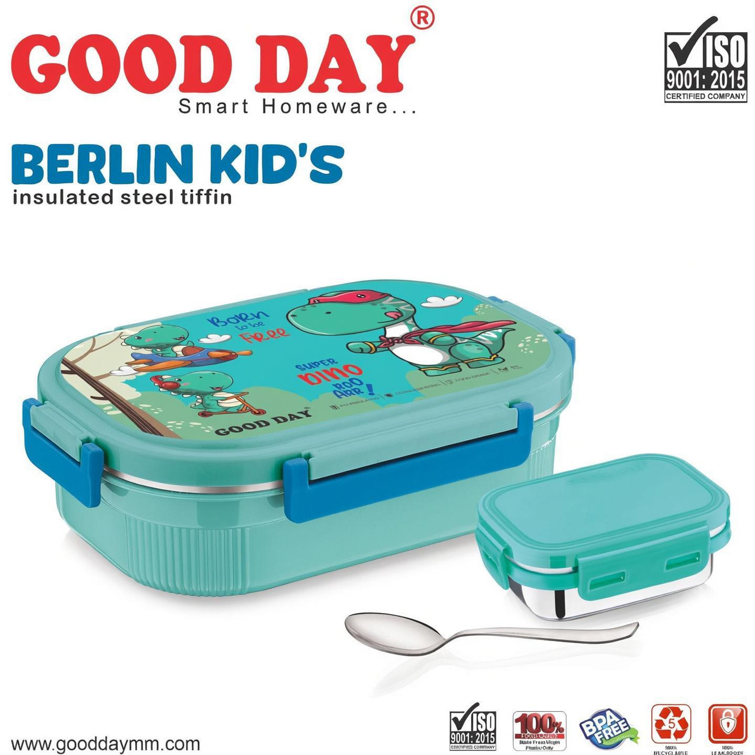 Image of Good Day Berlin Kids Outer plastic inner steel tiffin 2 Containers Plastic School Lunch Box
