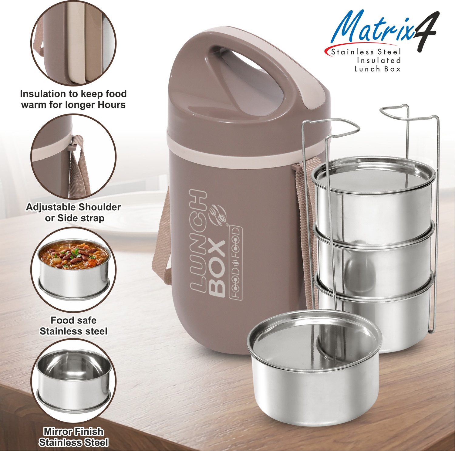 Image of FOODNFOOD Matrix4 Insulated Hot and Cold with Lock Lifter Stainless Steel 4 Containers Stainless Steel Office Lunch Box
