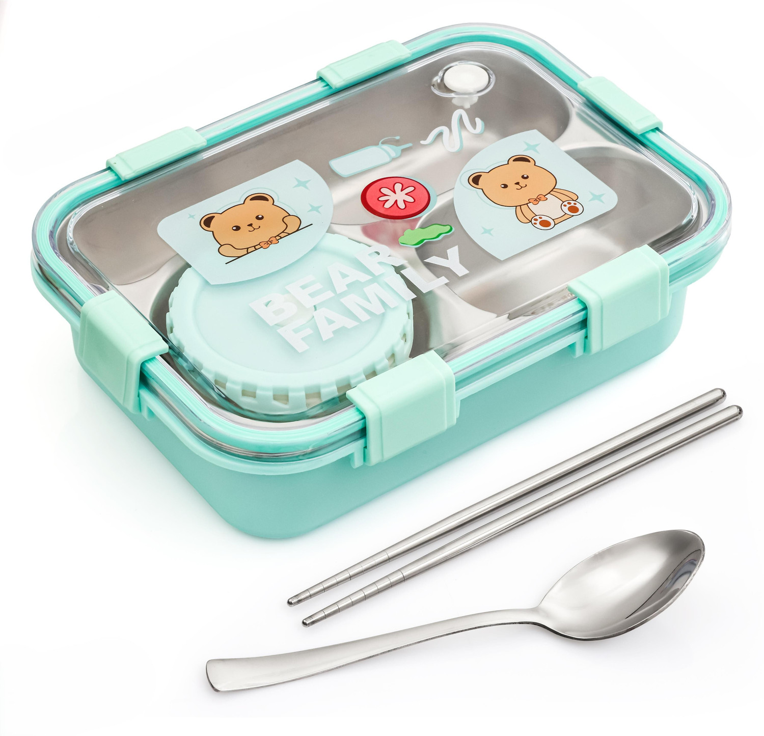 Image of Boxito Bear Family Kawaii Lunch Box 3 Containers Stainless Steel, Plastic, Silicone School Lunch Box