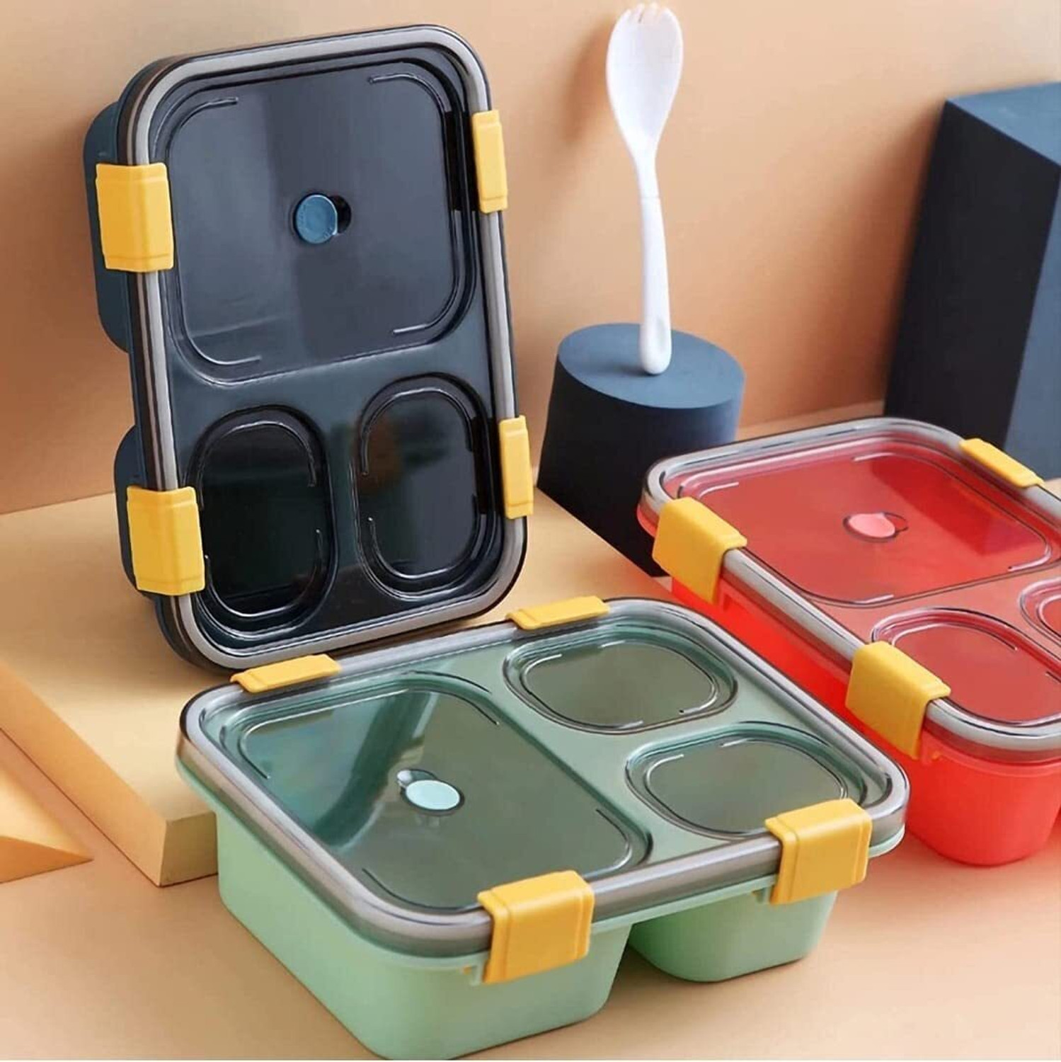 Image of SKYZONE 3 Grid Plastic Lunch Box Split Grid Lunch Box Bento Box 3 Containers Plastic Office Lunch Box