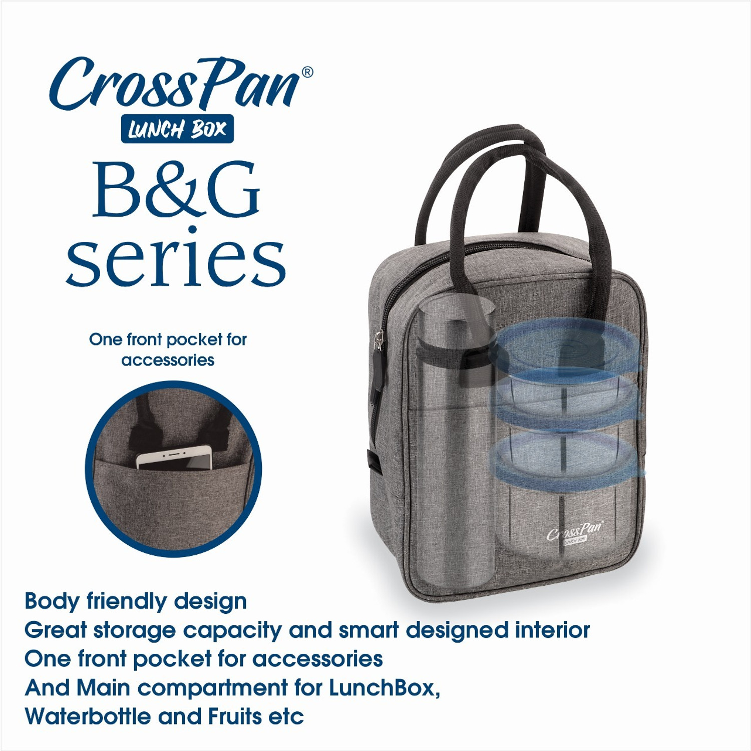 Image of CrossPan B&G Lunch Bag with 3 Containers(200ml+350ml+500ml) with 750 ml SS Water Bottle 3 Containers Stainless Steel Office Lunch Box