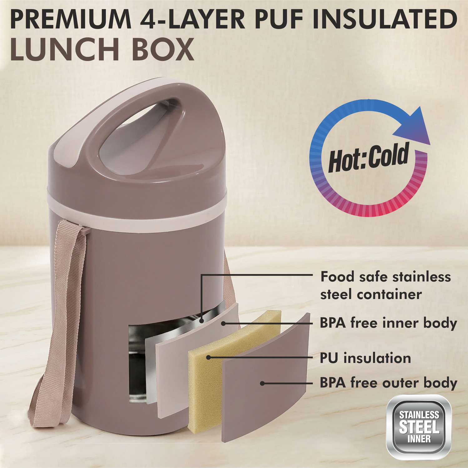 Image of FOODNFOOD Matrix4 Insulated Hot and Cold with Lock Lifter Stainless Steel 4 Containers Stainless Steel Office Lunch Box