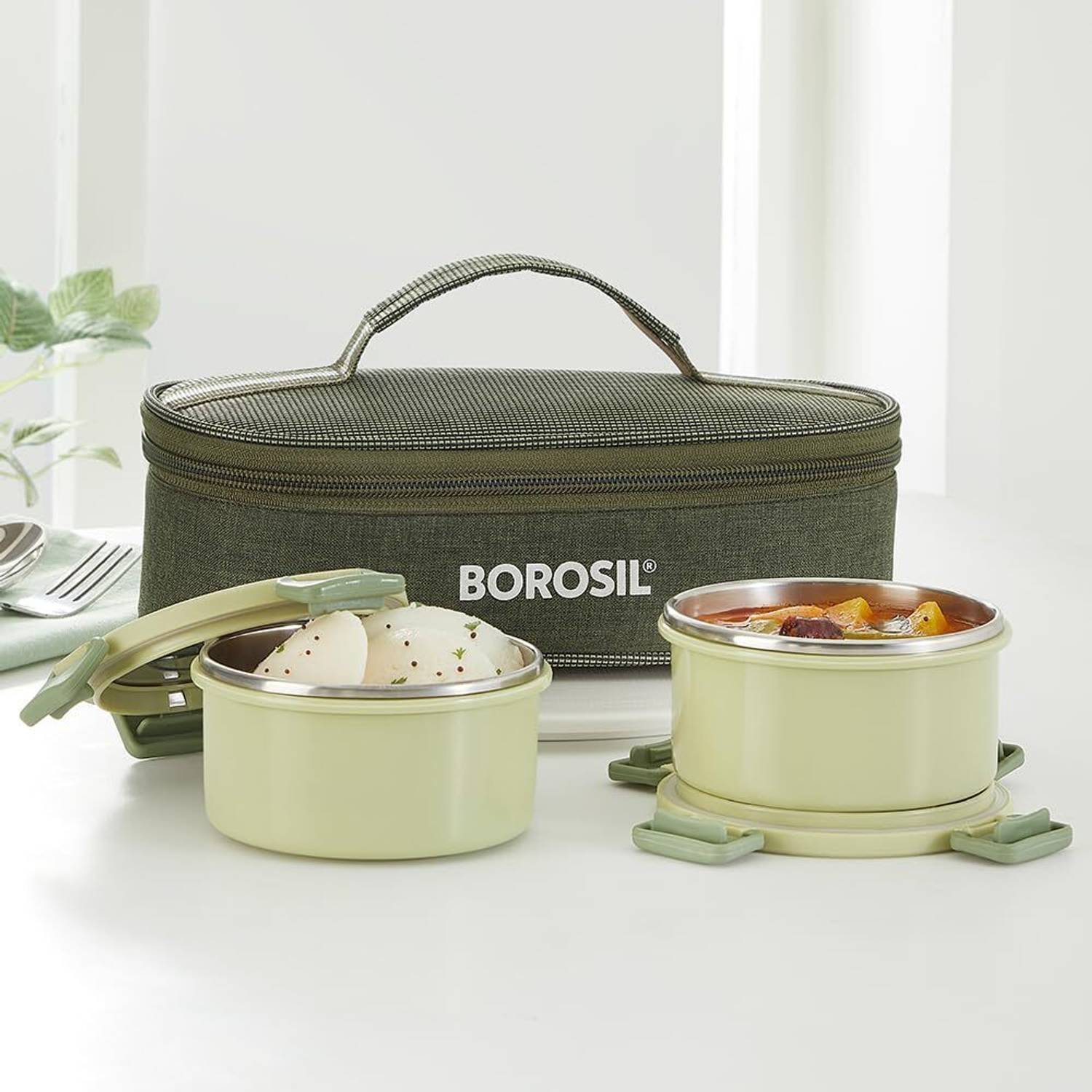 BOROSIL Glory Green Microwavable Steel Lunchbox, 2pcs Set (280ml x 2), Office Tiffin 2 Containers Stainless Steel College Lunch Box