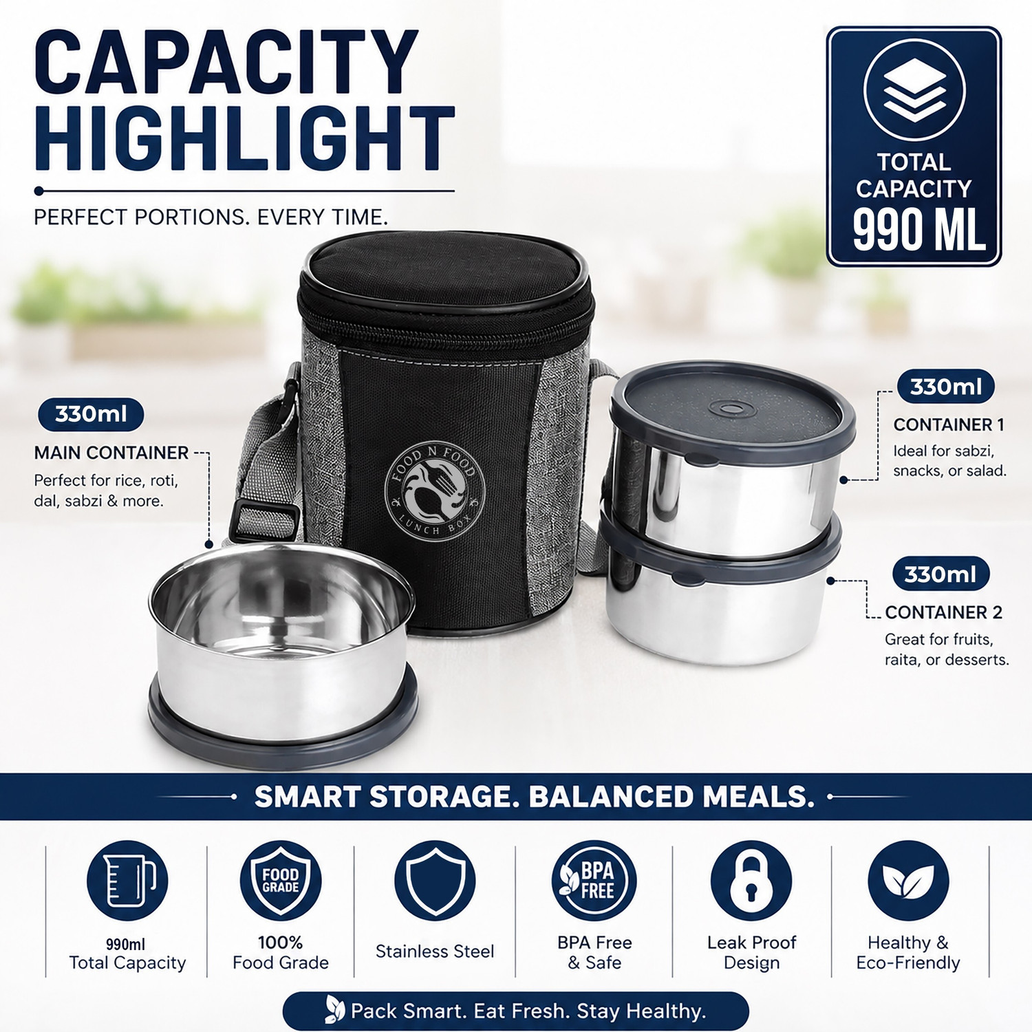 Image of FOODNFOOD Ecoline steel containers (330 ml each) 3 Containers Office Lunch Box (1000 ml) 3 Containers Plastic, Stainless Steel Office Lunch Box