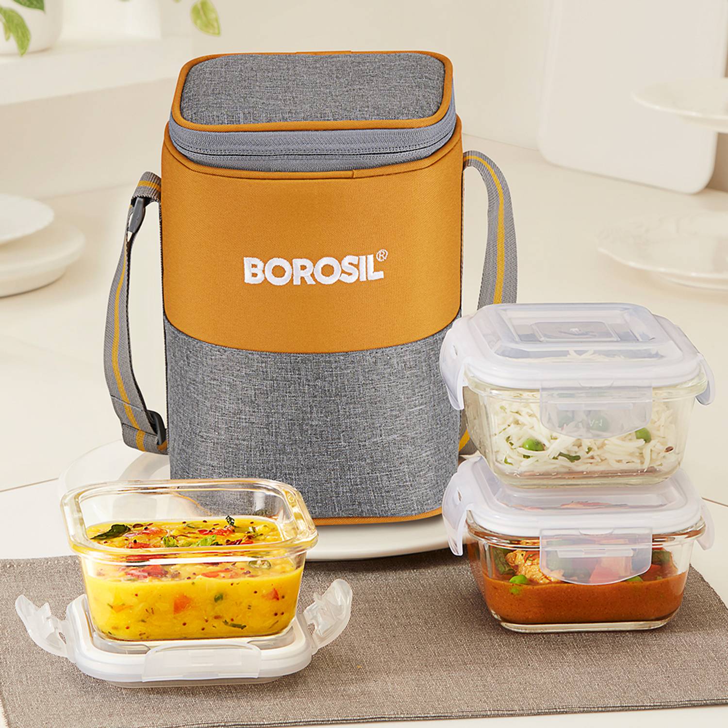 BOROSIL Zest Glass Lunchbox, 3pc Square Set (320ml Each), Office Tiffin Box 3 Containers Glass Office Lunch Box