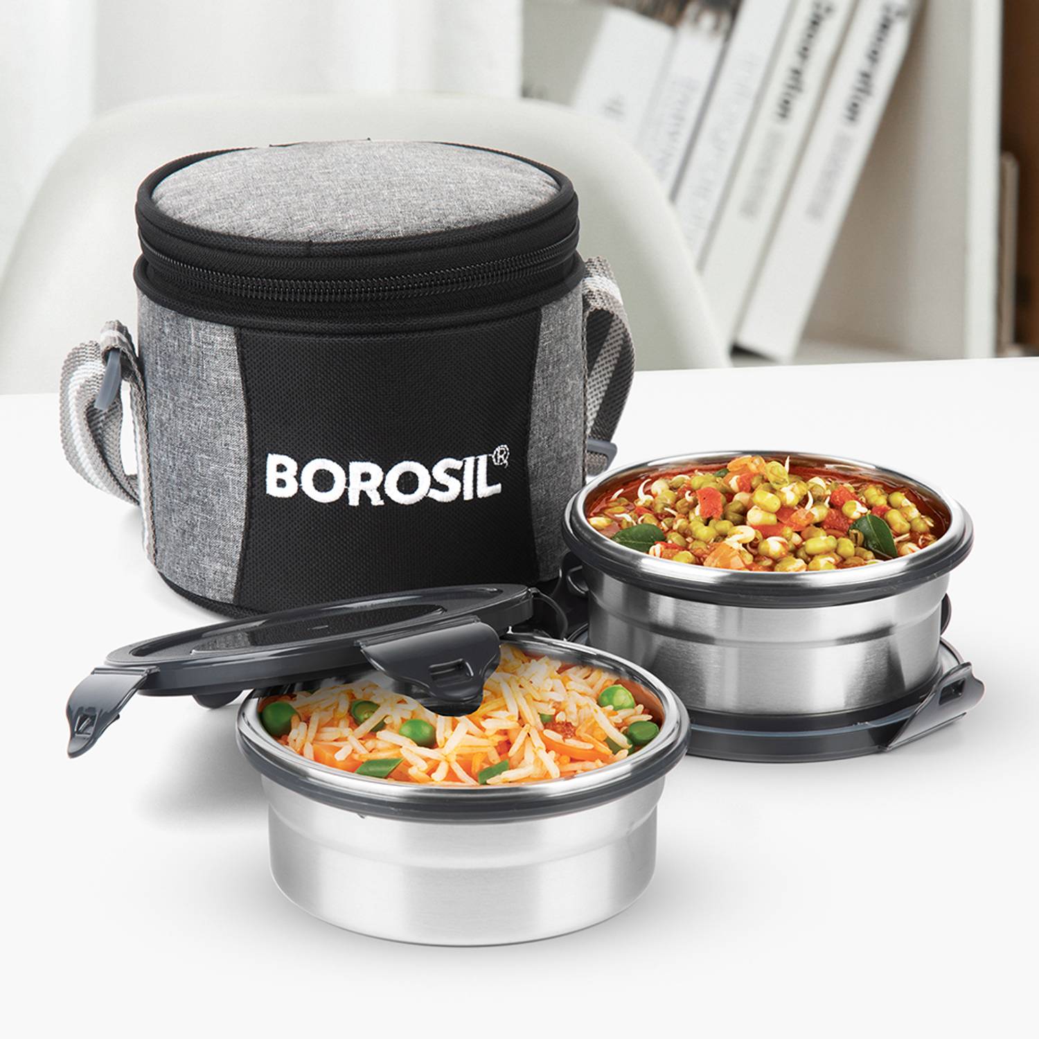 BOROSIL Vertical Feast Lunch Box with Bag, Tiffin 2 Containers Stainless Steel Office Lunch Box