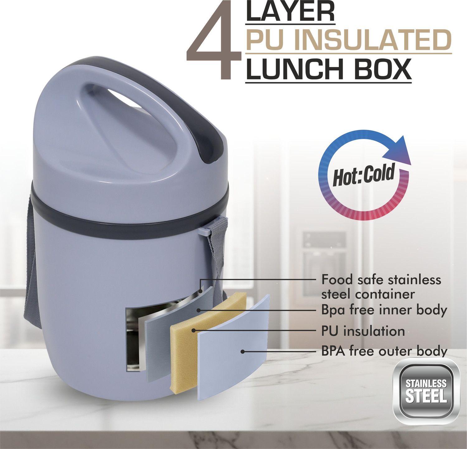 Image of FOODNFOOD Matrix3 Insulated Hot and Cold with Lock Lifter 3 Containers Stainless Steel Office Lunch Box