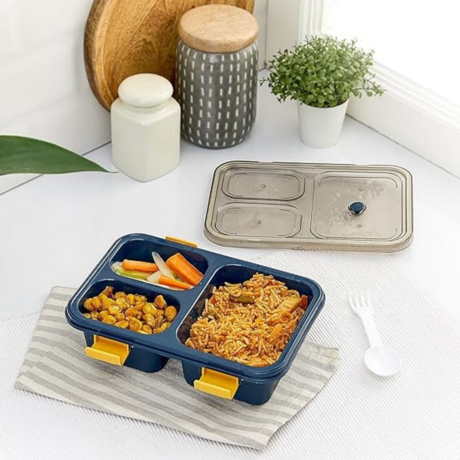 Image of KINZA 3 Compartment Premium Quality Plastic Leakproof Lunch Box 3 Containers Plastic School Lunch Box