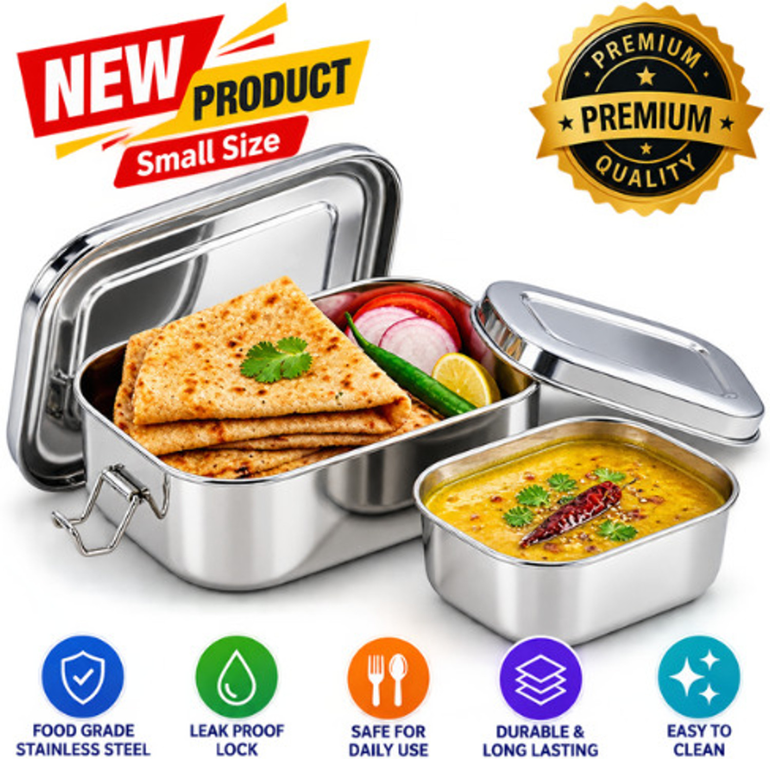 Image of TECHSCOPE Premium Steel Tiffin Box with Inner Containers and Secure Lid 1 Containers Stainless Steel School Lunch Box (750 ml)