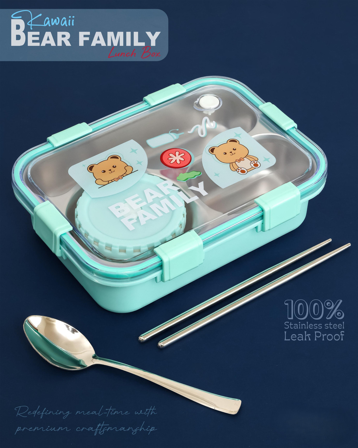 Image of Boxito Bear Family Kawaii Lunch Box 3 Containers Stainless Steel, Plastic, Silicone School Lunch Box