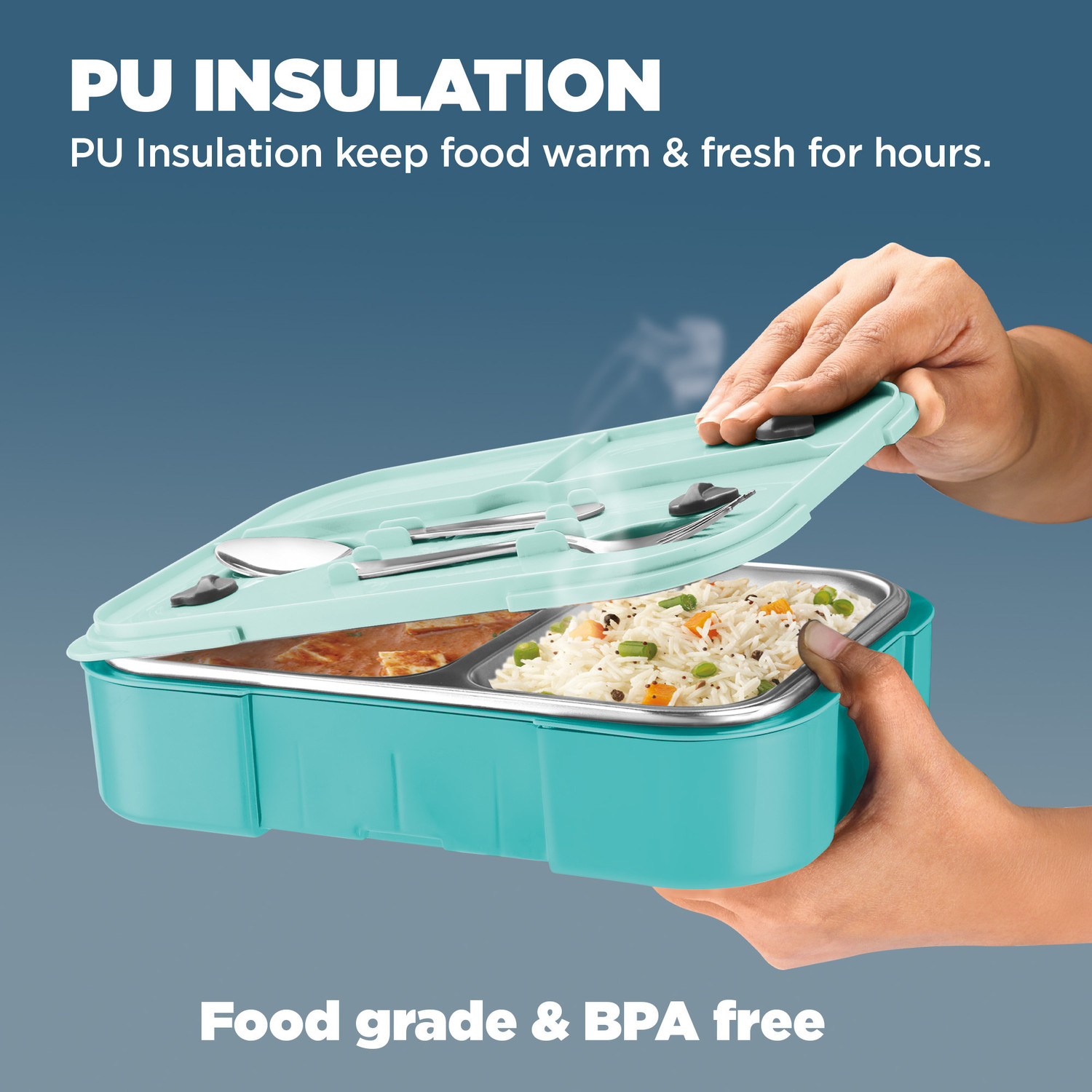 Image of MILTON Ethan 3 Inner Stainless Steel Tiffin Box, 3 Partition, 600 ml, Aqua Green 2 Containers Stainless Steel School Lunch Box