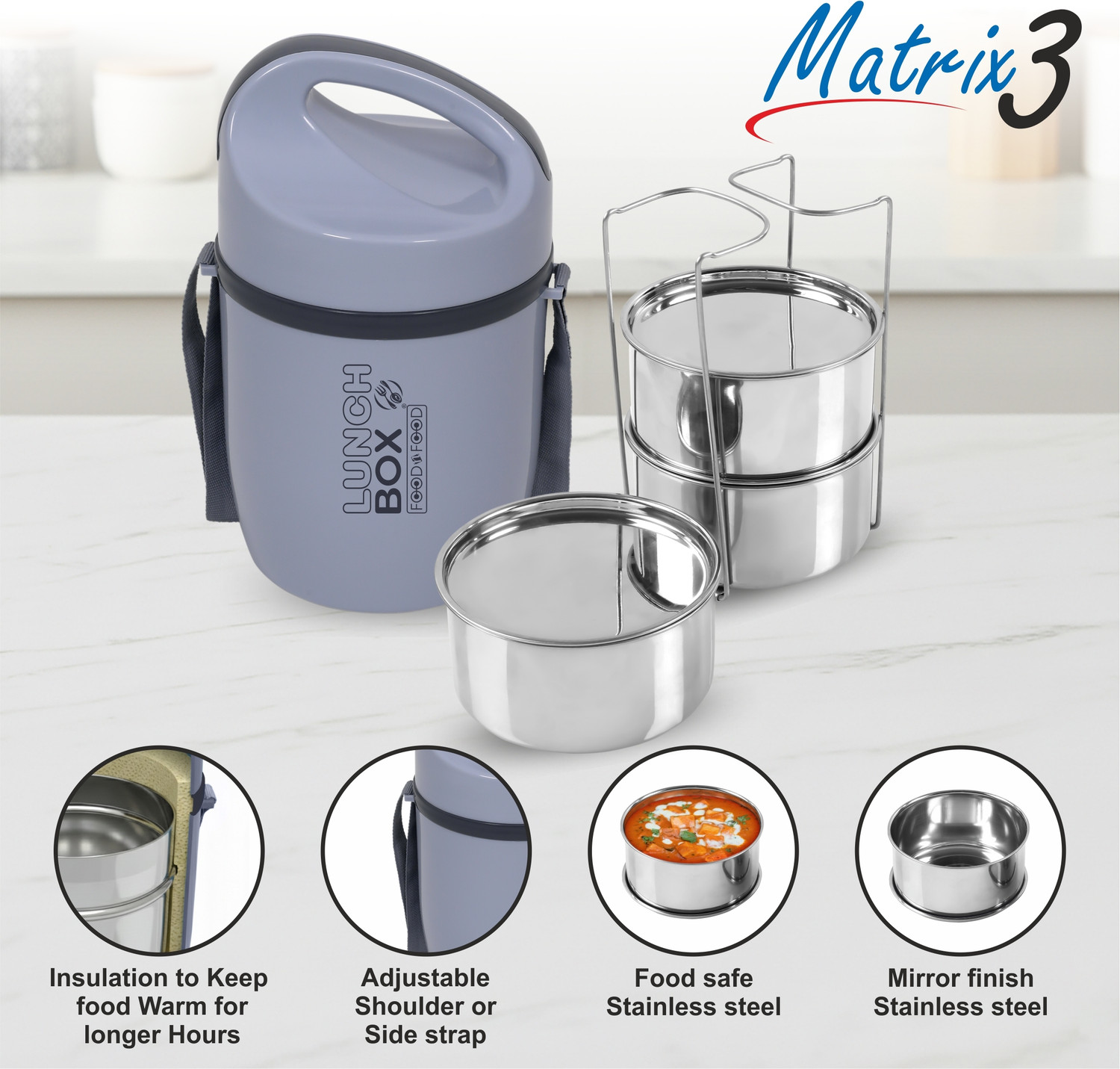 Image of FOODNFOOD Matrix3 Insulated Hot and Cold with Lock Lifter 3 Containers Stainless Steel Office Lunch Box