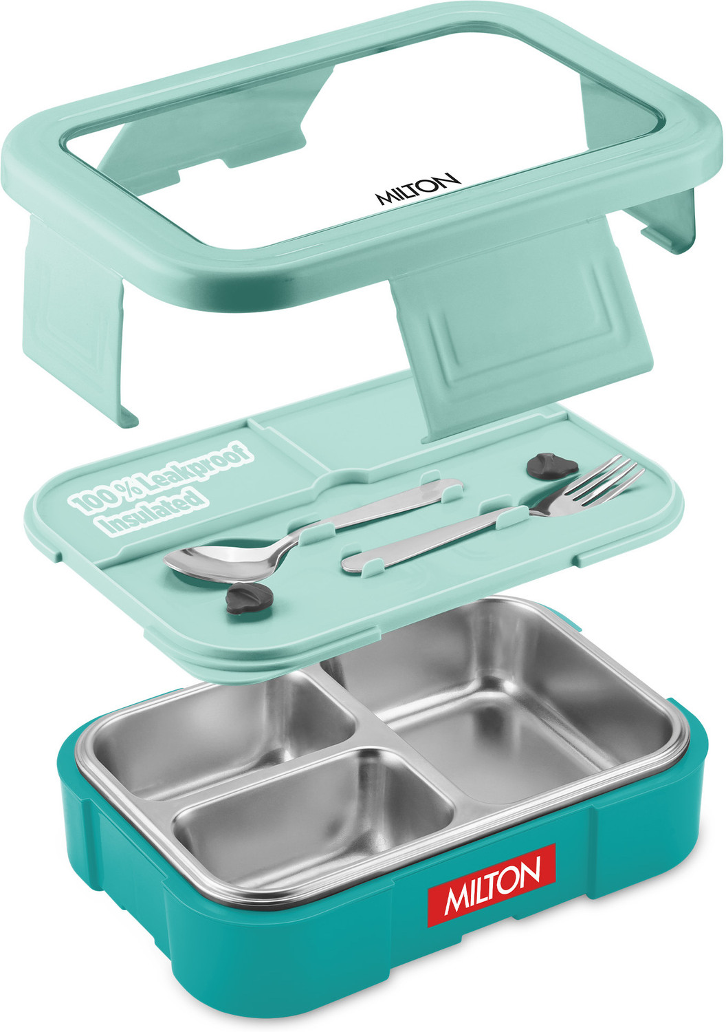 Image of MILTON Ethan 3 Inner Stainless Steel Tiffin Box, 3 Partition, 600 ml, Aqua Green 2 Containers Stainless Steel School Lunch Box