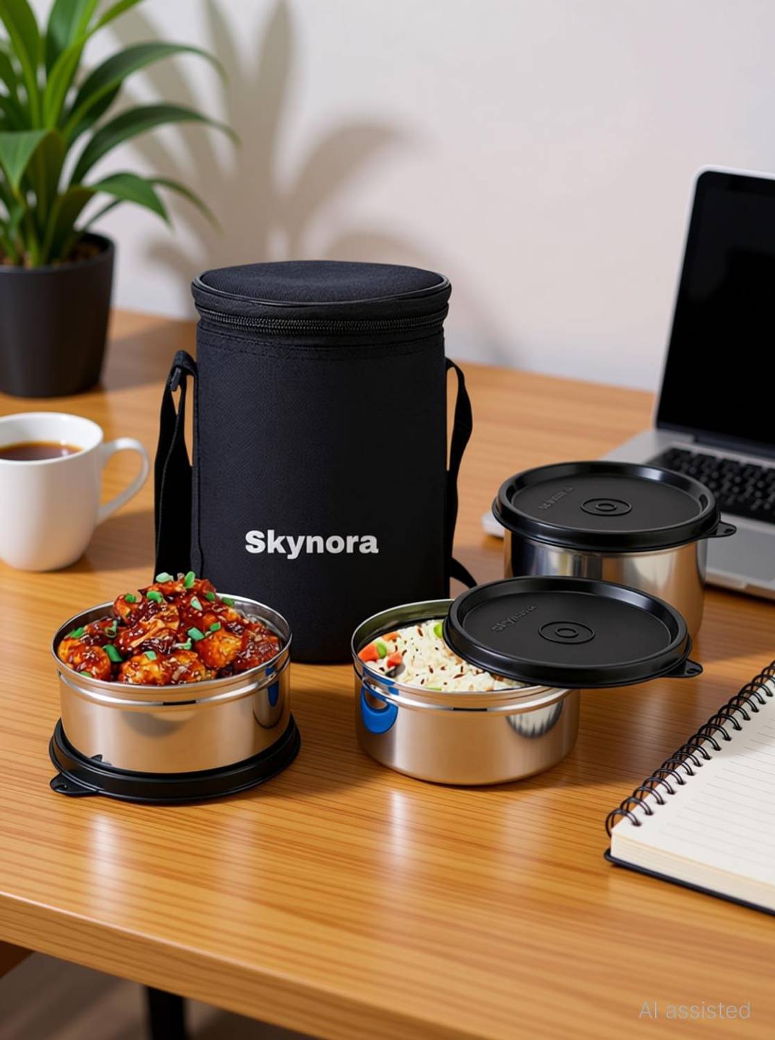 SKYNORA Stainless Steel Lunch Box Leak-Proof 3 Containers Tiffin box Black 1200ml 3 Containers Stainless Steel Office Lunch Box — Lunch Boxes & Tiffins