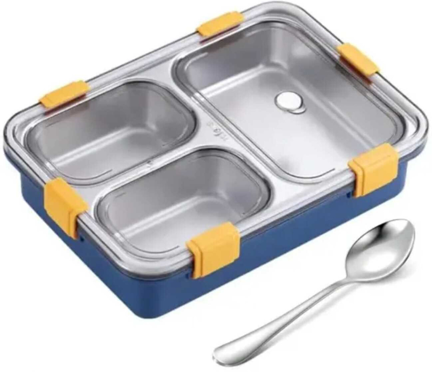 Image of plizzo kitchenware 3 Compartment Stainless Steel Lunch Box, Leakage Proof Lunch Box For School 3 Containers Stainless Steel, Polypropylene School Lunch Box