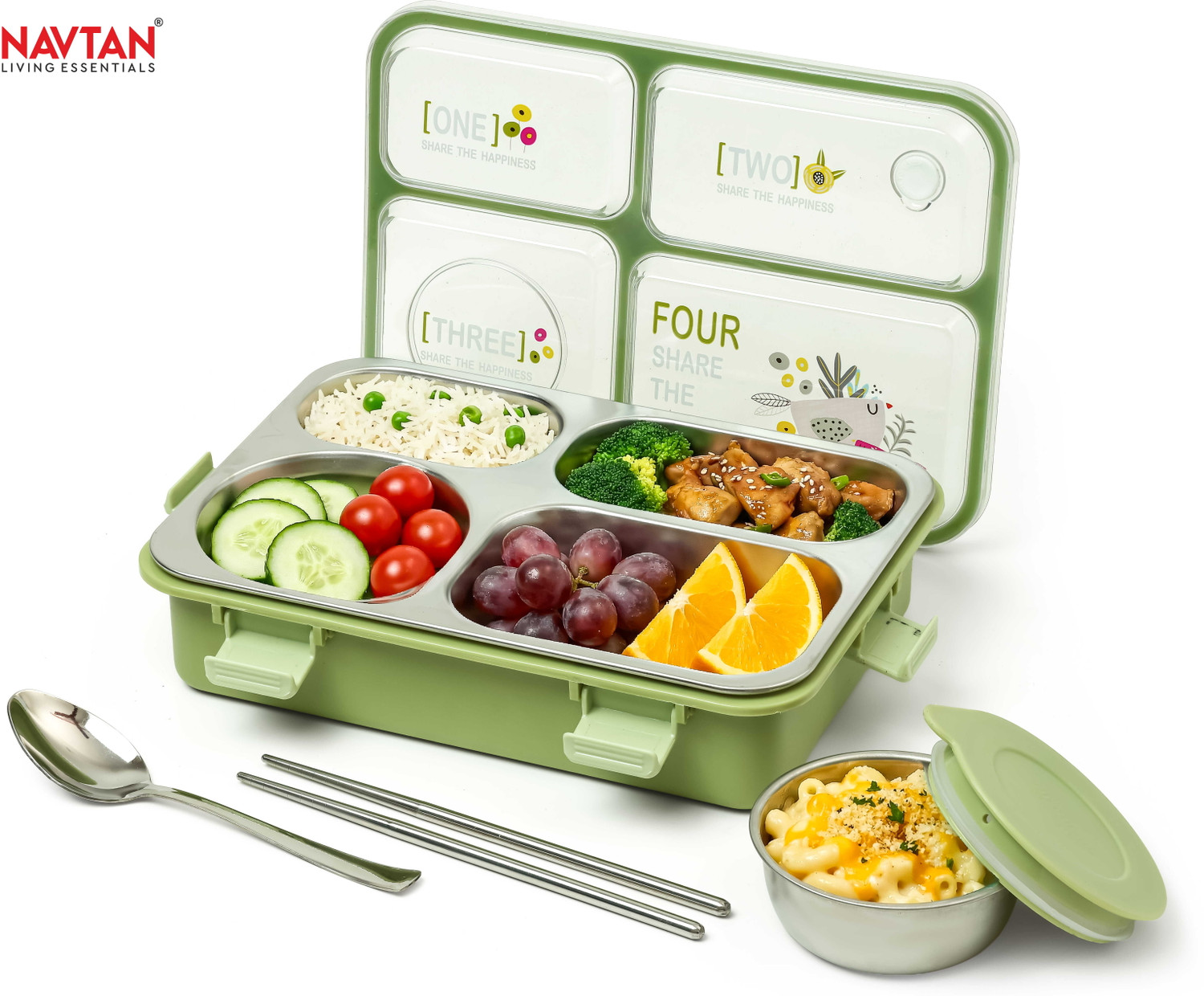 Image of NAVTAN Happiness Bento 4 Section Stainless Steel Lunch Box With Spoon & Chopsticks 4 Containers Stainless Steel Office Lunch Box