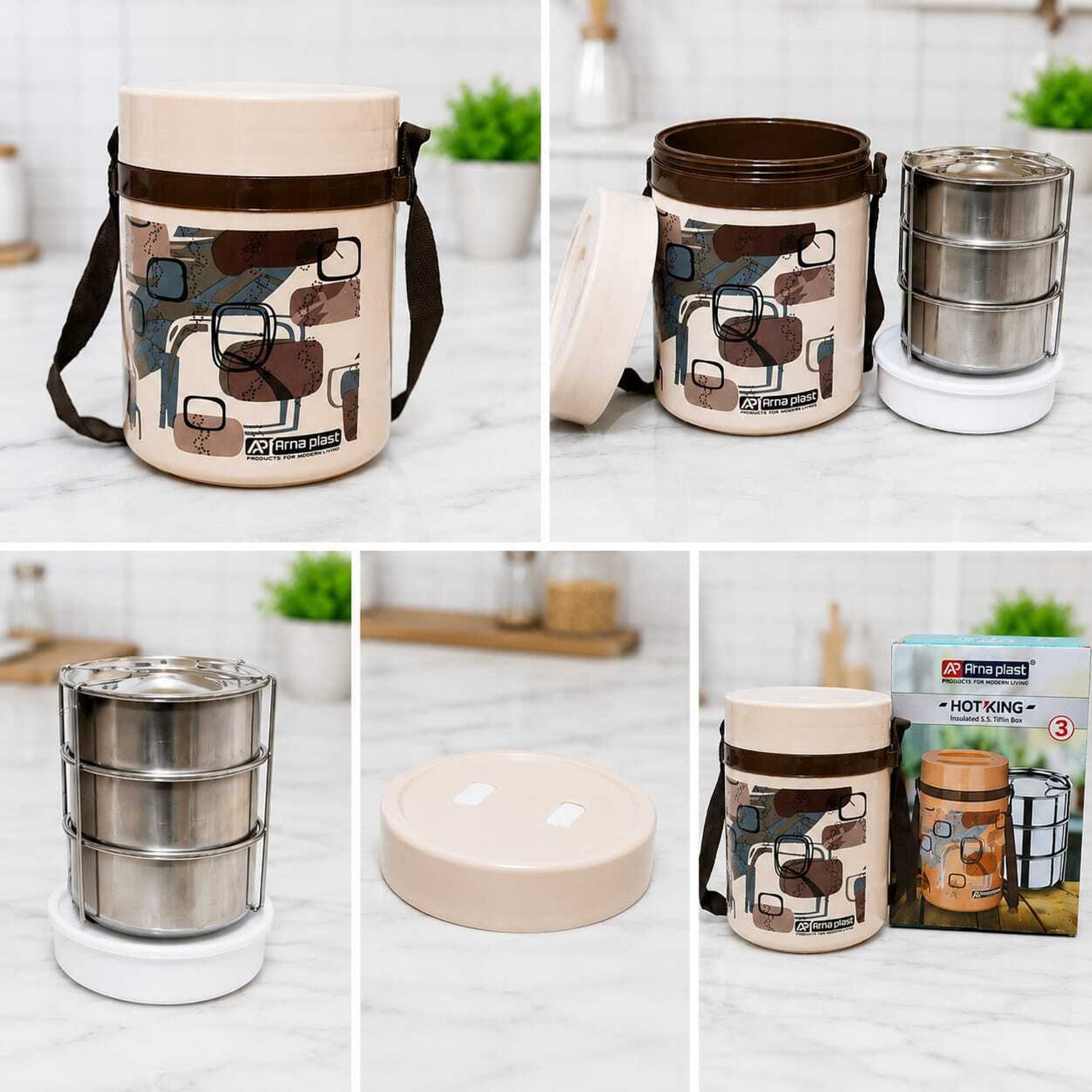 Image of PRDENTERPRISES 3 Layer Stainless Steel Lunch Box with Insulated Outer Container & Carry Strap 3 Containers Stainless Steel Office Lunch Box