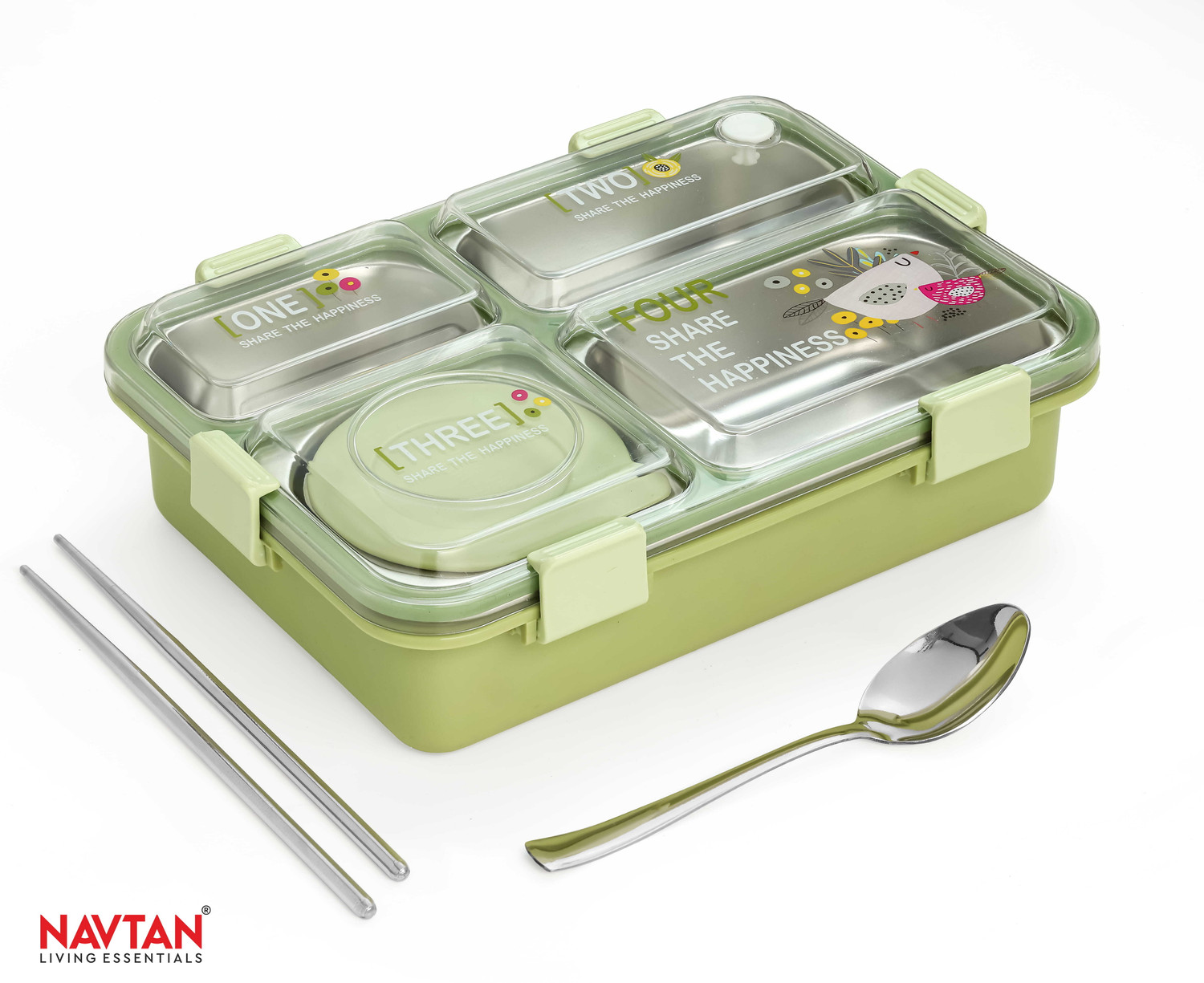 Image of NAVTAN Happiness Bento 4 Section Stainless Steel Lunch Box With Spoon & Chopsticks 4 Containers Stainless Steel Office Lunch Box