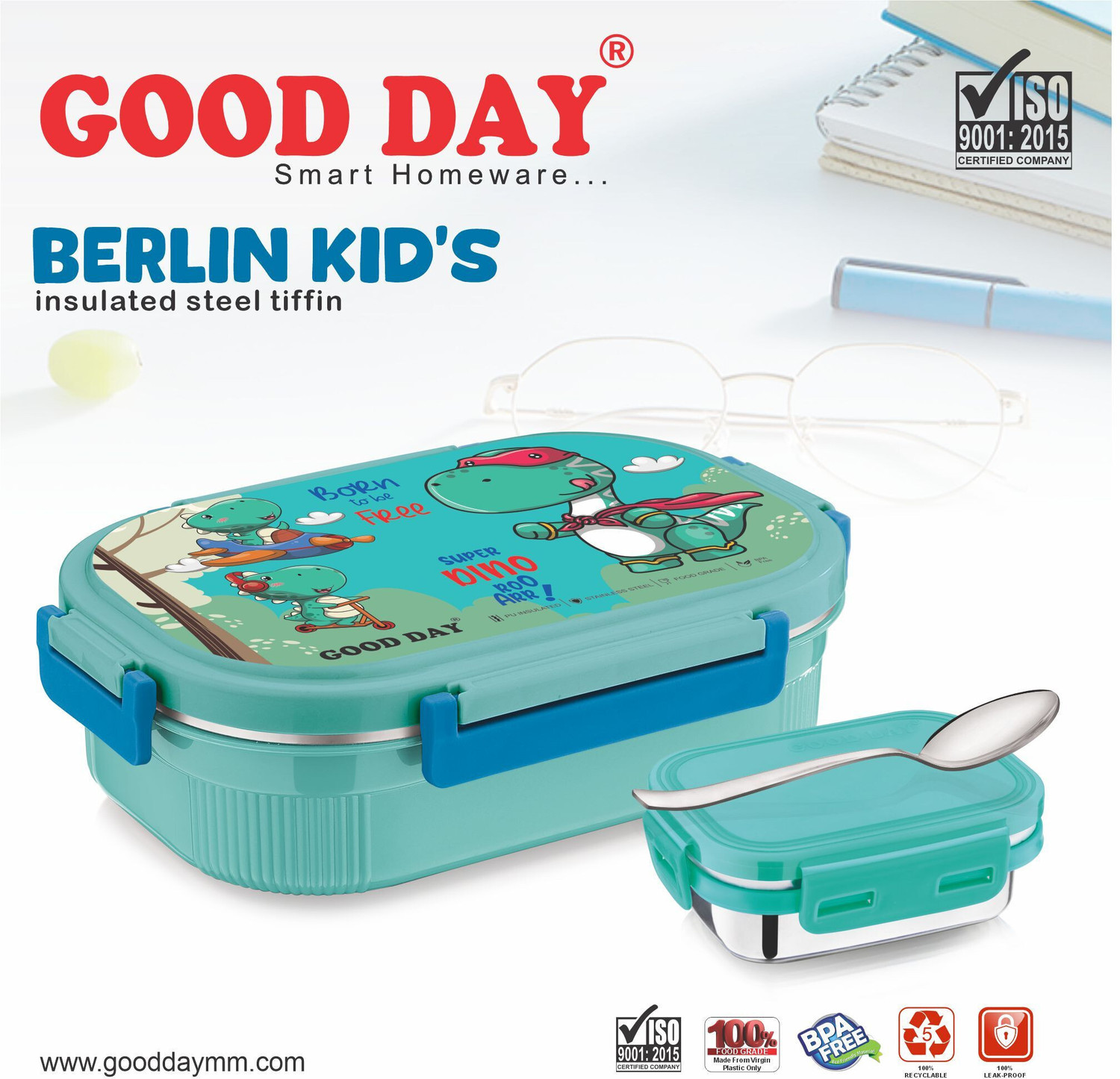 Image of Good Day Berlin Kids Outer plastic inner steel tiffin 2 Containers Plastic School Lunch Box