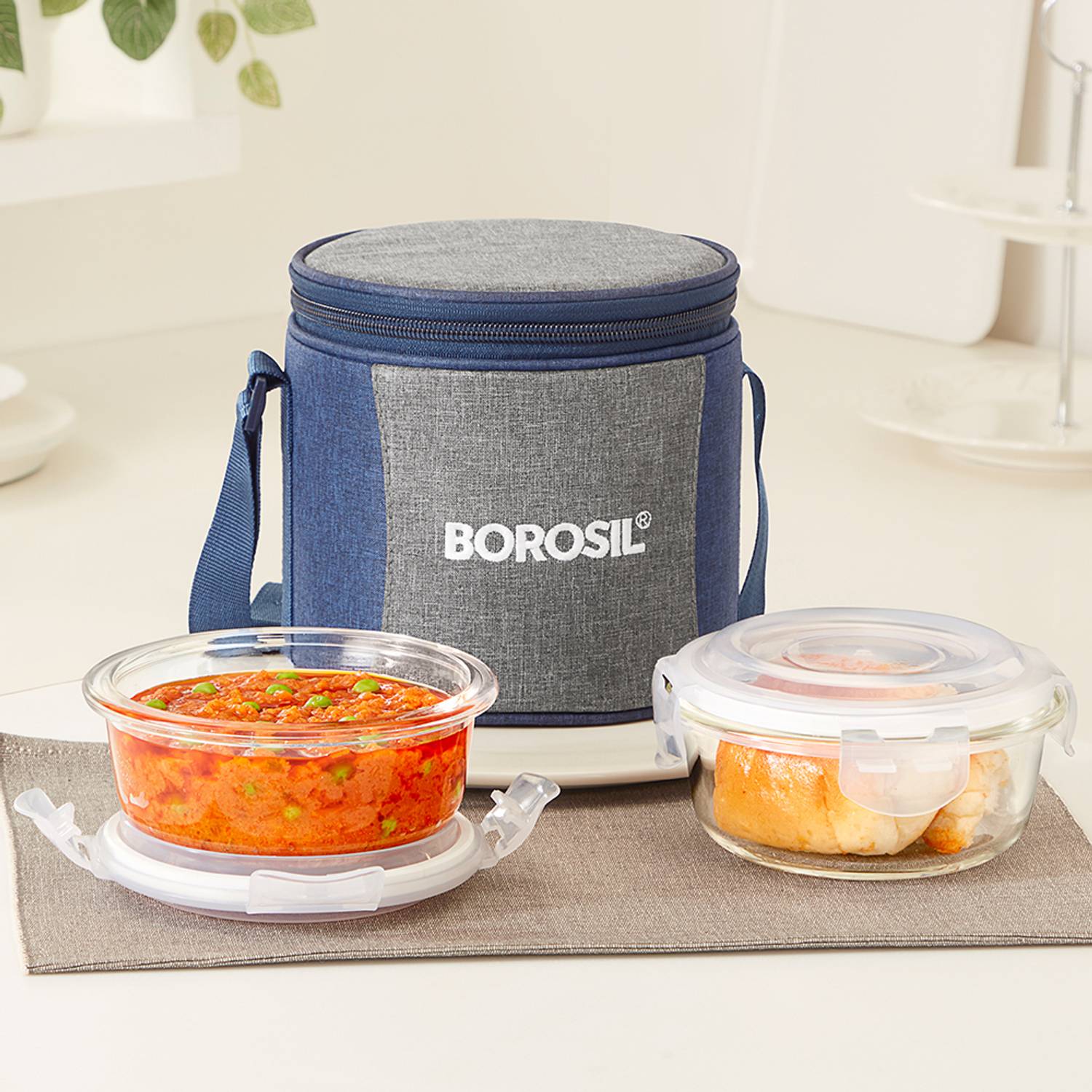 BOROSIL Alora Borosilicate Glass Lunchbox, 2 pc Round Set (400 ml Each), Vertical 2 Containers Glass Office Lunch Box