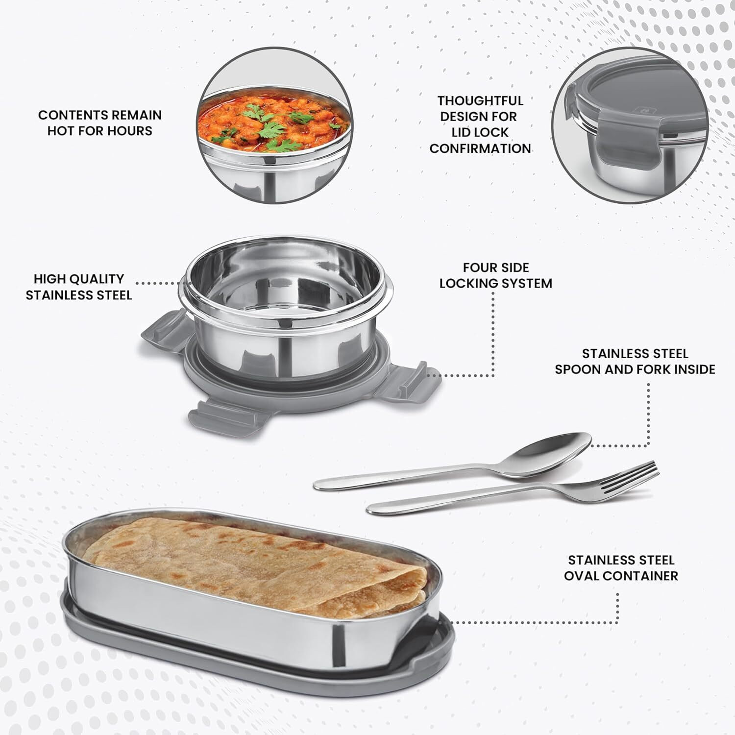 Image of MILTON Lock Meal Lunch Box (2 Inner Steel Containers 320ml Each, 1 Oval 450ml) 3 Containers Stainless Steel Office Lunch Box