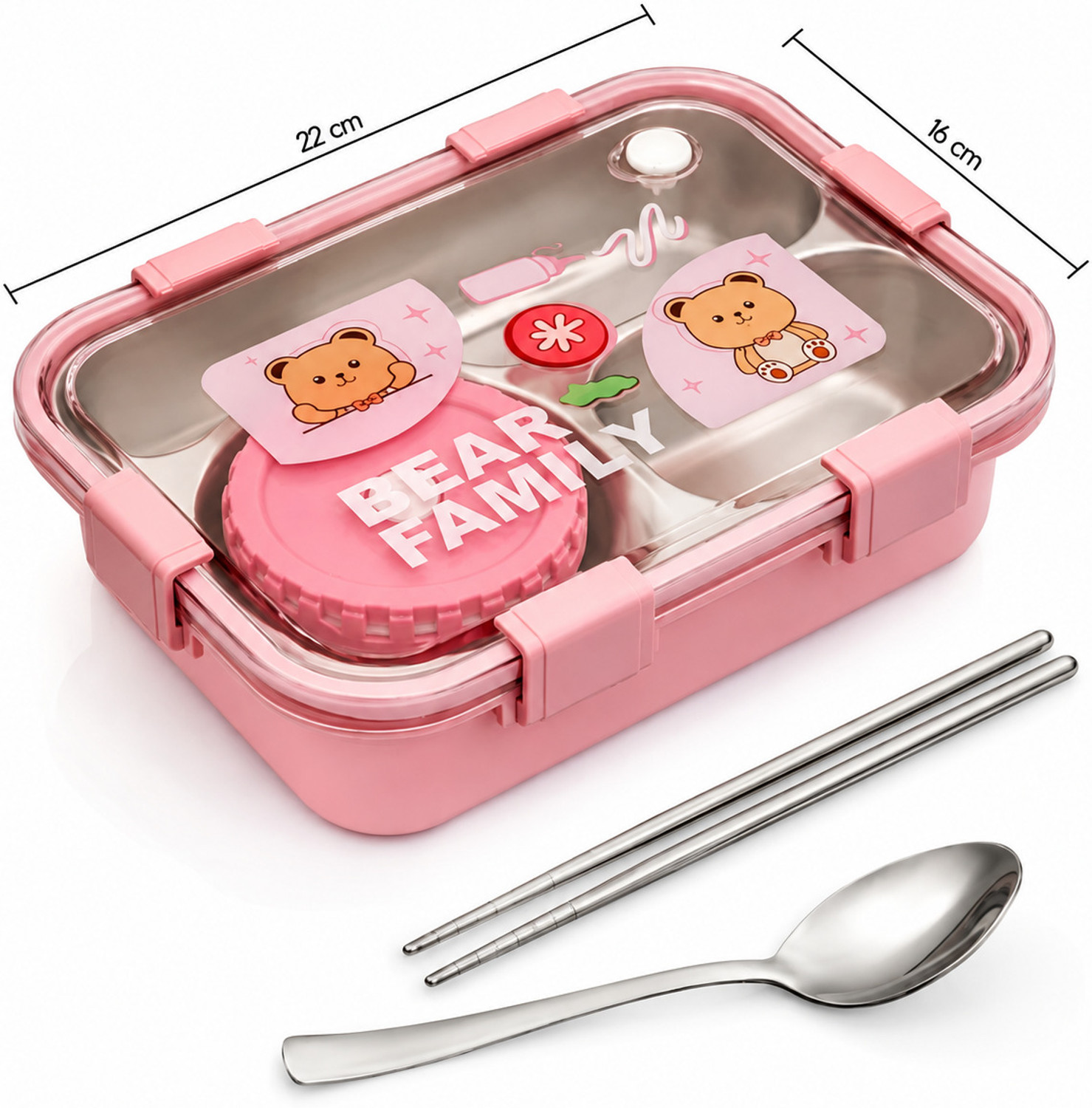 Image of Pretty Pearl Kawaii Bear Family Steel Lunch Box Spoon & Chopsticks 3 Containers Stainless Steel School Lunch Box