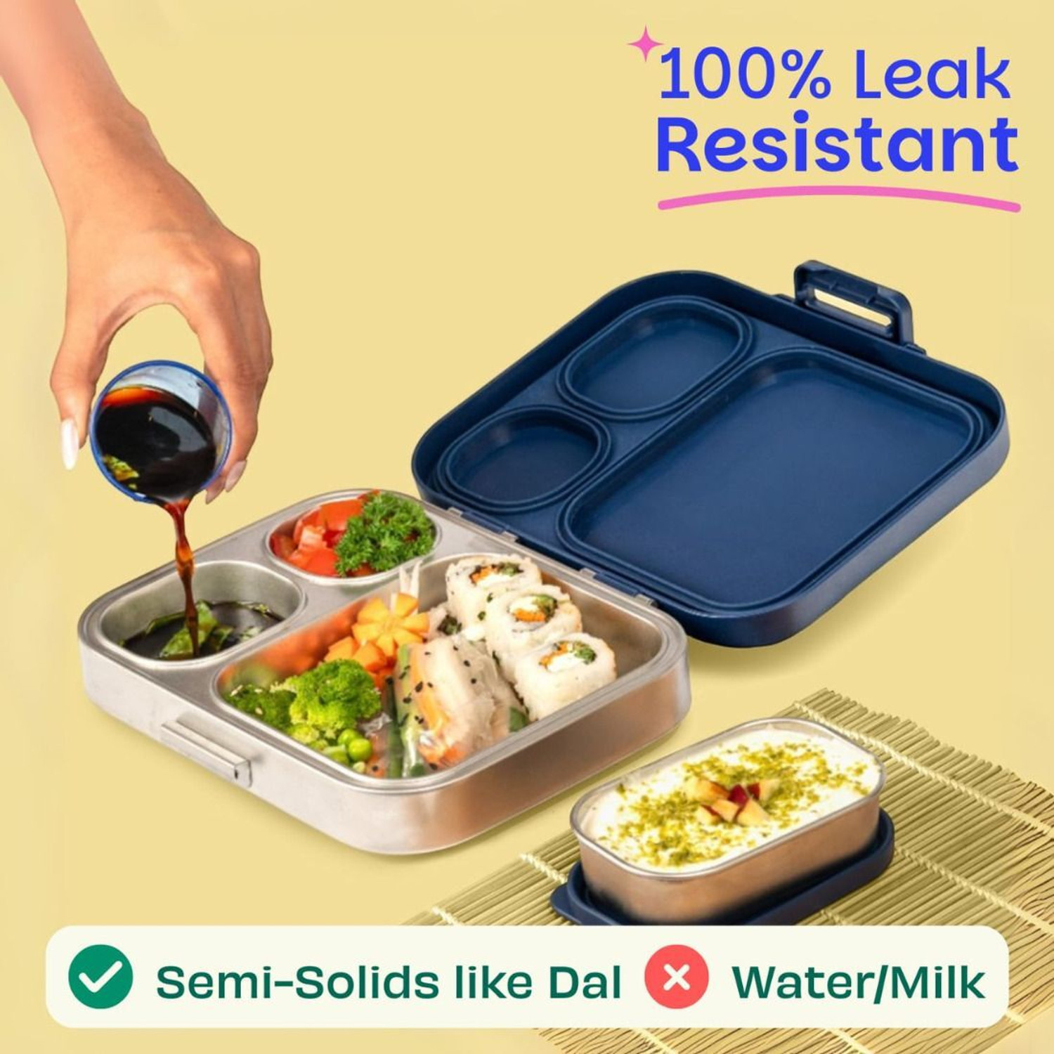 Image of BASIL Quad plus 4-Compartment Stainless Steel Bento Box (1020ml) - Indigo Zen 4 Containers Stainless Steel Office Lunch Box