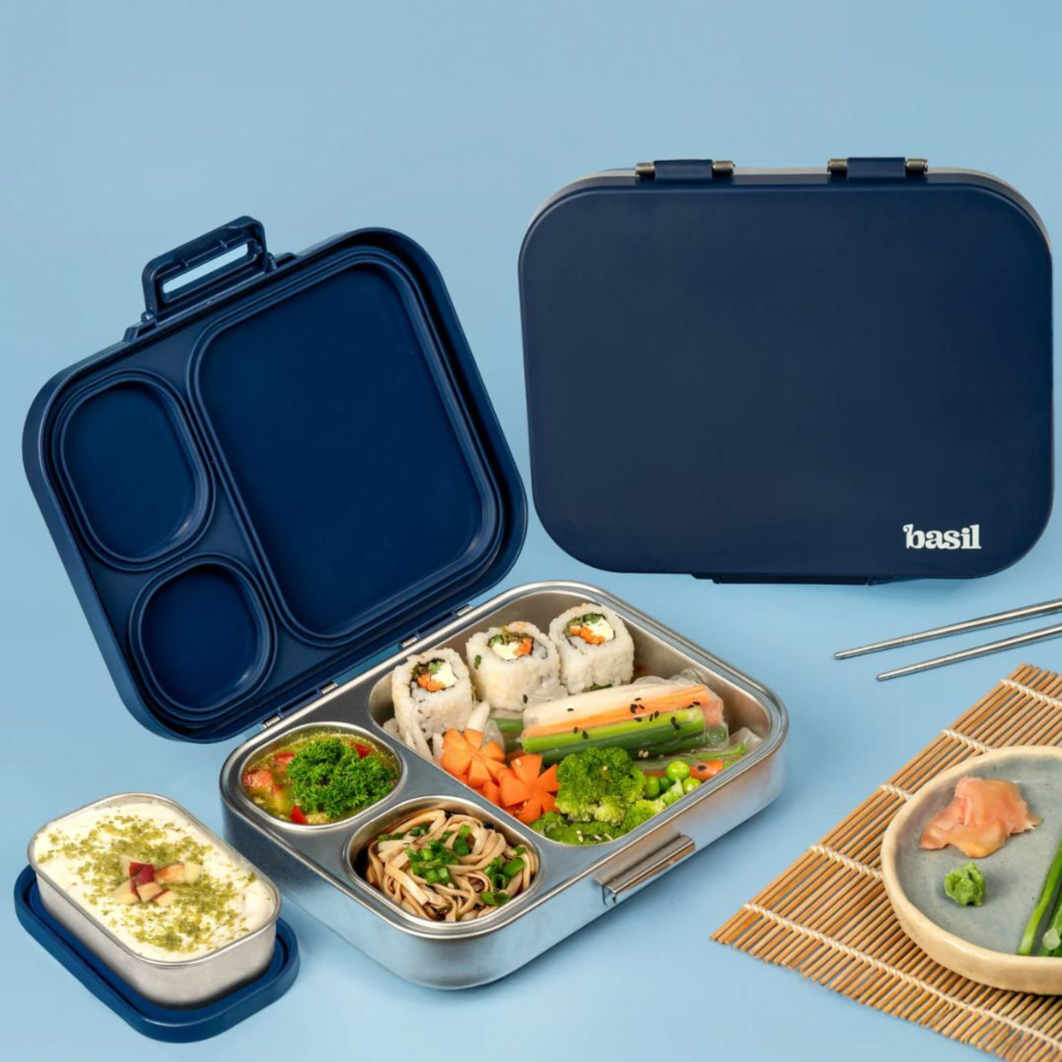 Image of BASIL Quad plus 4-Compartment Stainless Steel Bento Box (1020ml) - Indigo Zen 4 Containers Stainless Steel Office Lunch Box