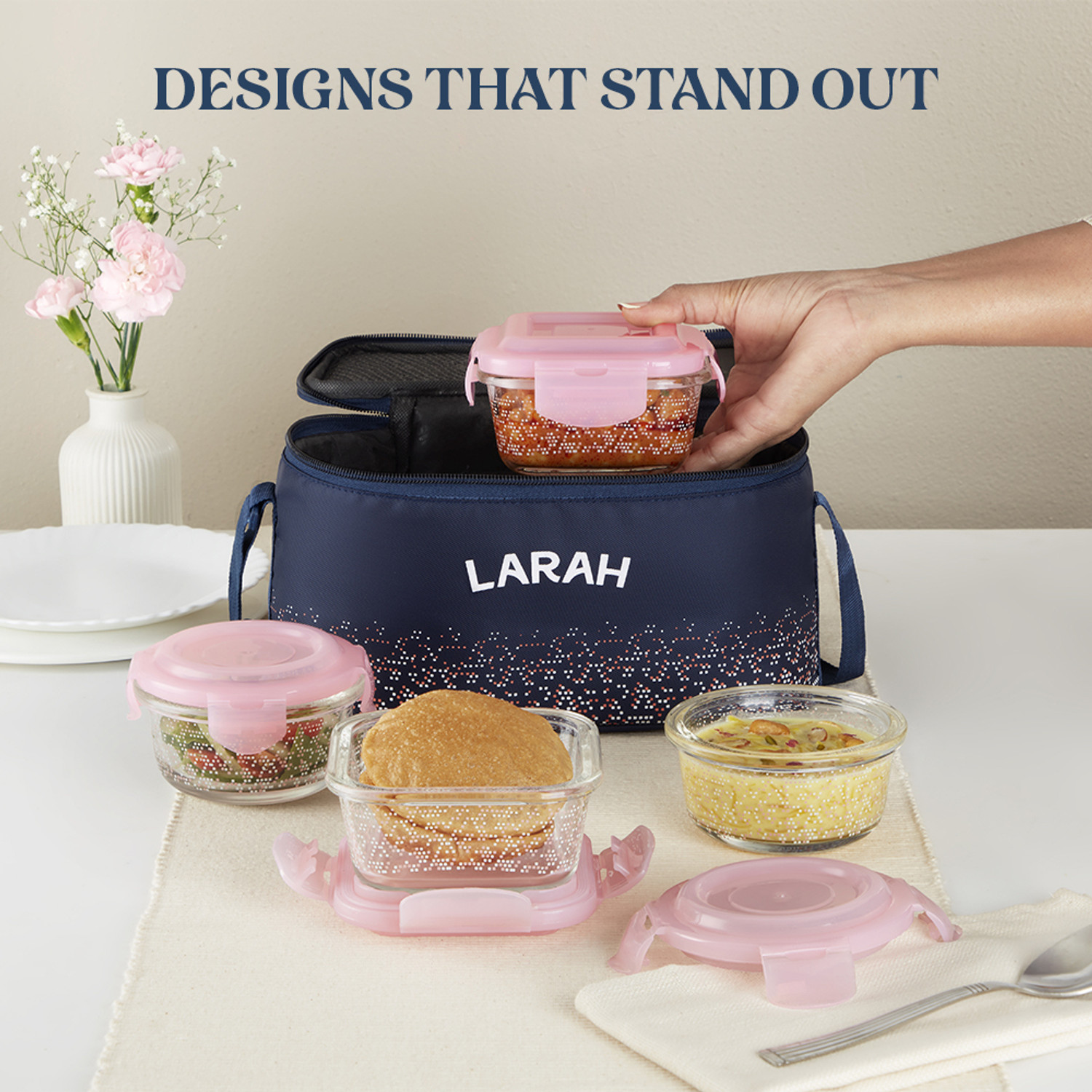 Image of Larah by Borosil Speckle Pink Universal Borosilicate Glass Tiffin, (320ml x 2 + 240ml x 2) 4 Containers Glass Office Lunch Box