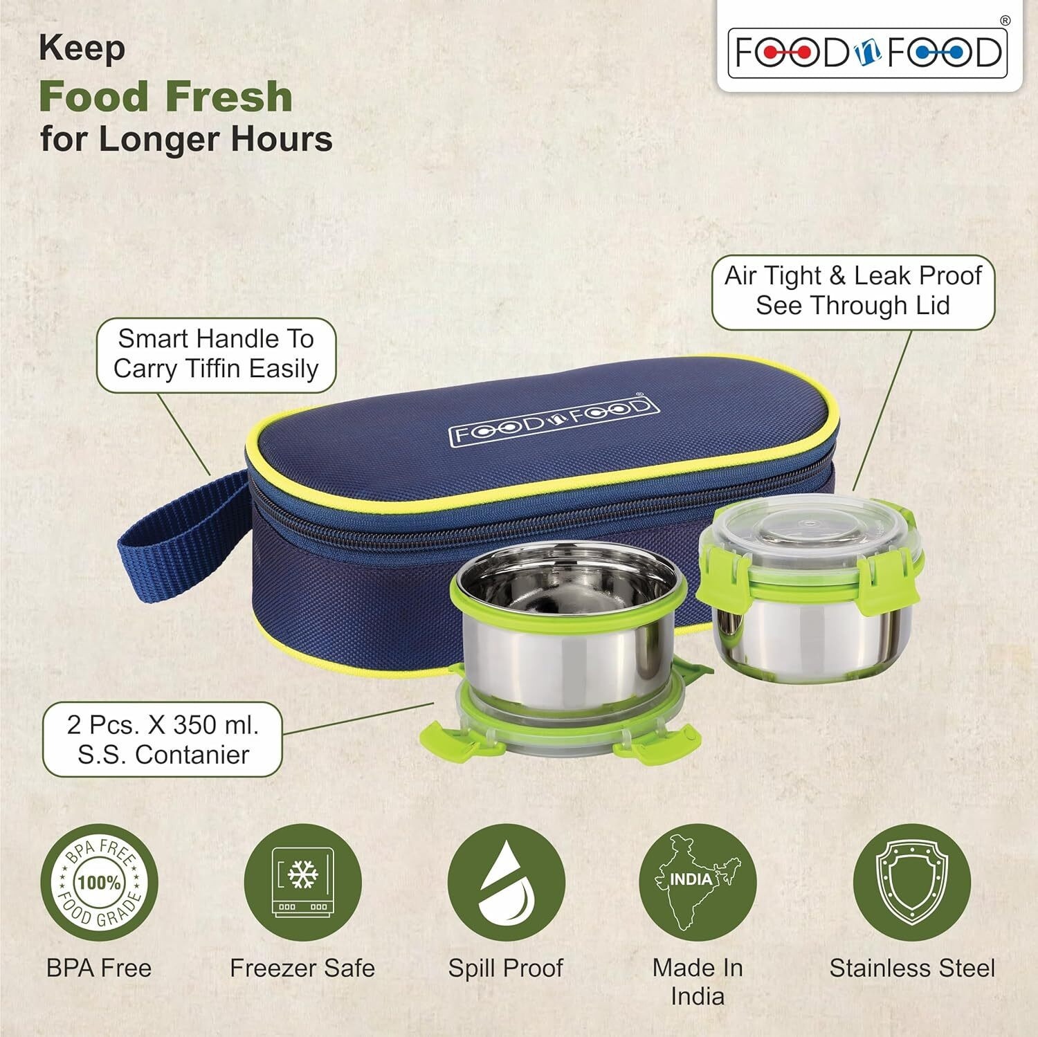 Image of FOODNFOOD Stylock Buddy 2 Stainless Steel Containers (350 Ml Each) 1 Softline Bag 2 Containers Plastic, Stainless Steel Office Lunch Box