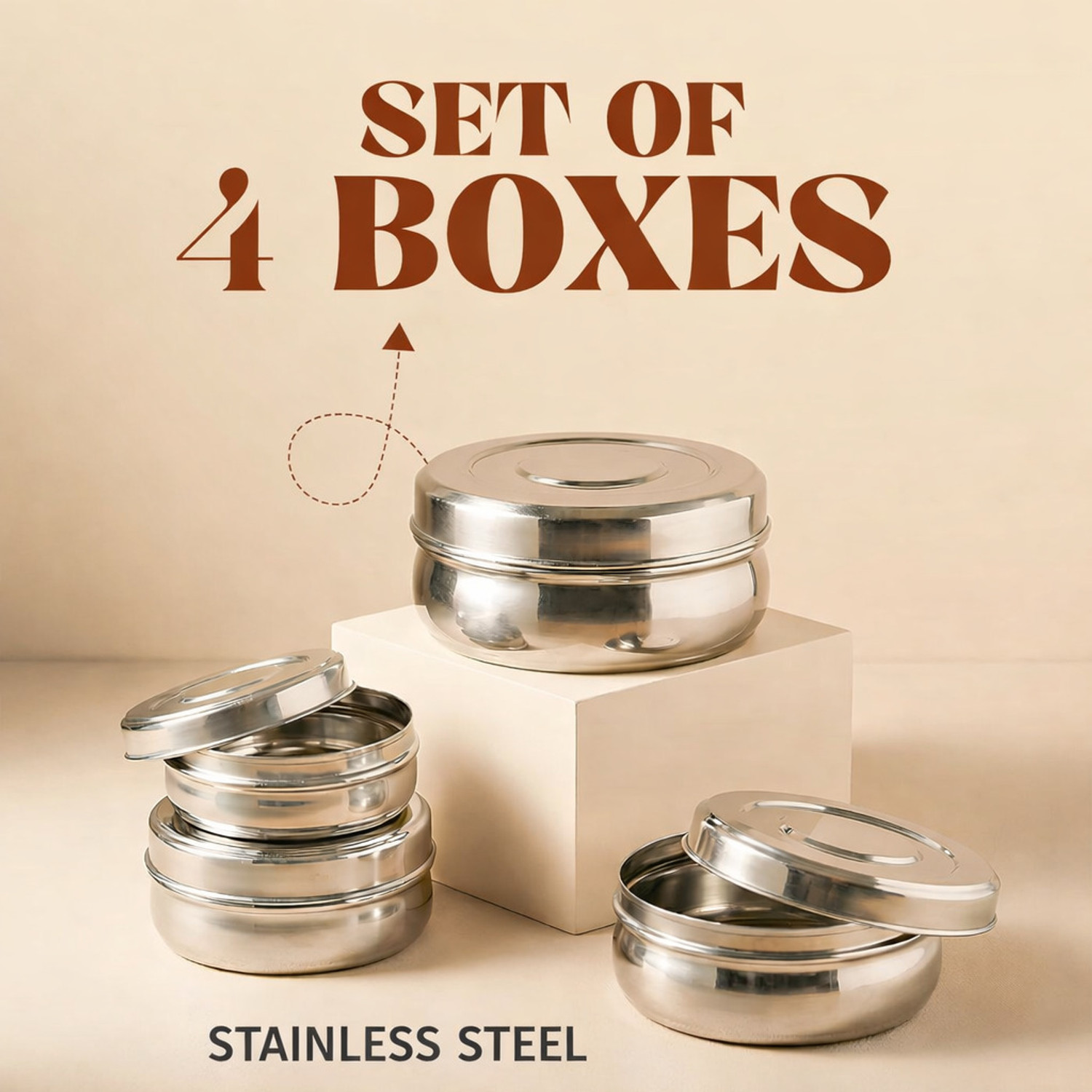 Image of RSP Culture Stainless Steel Food Storage Containers Set of 4 | 250,450, 600, and 900 ml 4 Containers Stainless Steel Office Lunch Box