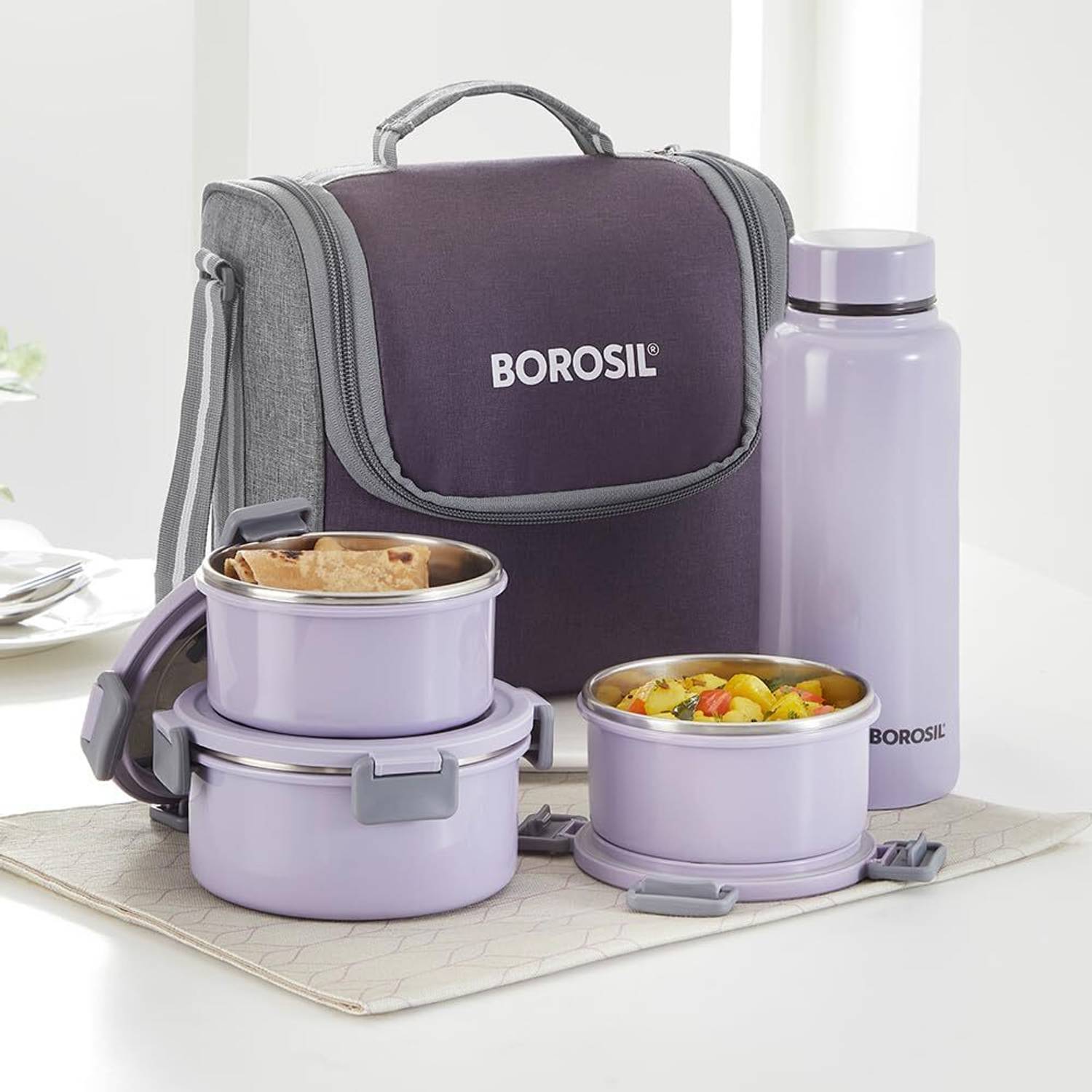 BOROSIL Glory Lavender Steel Lunchbox, 3pc (280ml x 2 + 460ml x 1) + 1 (600ml) Bottle 3 Containers Stainless Steel College Lunch Box