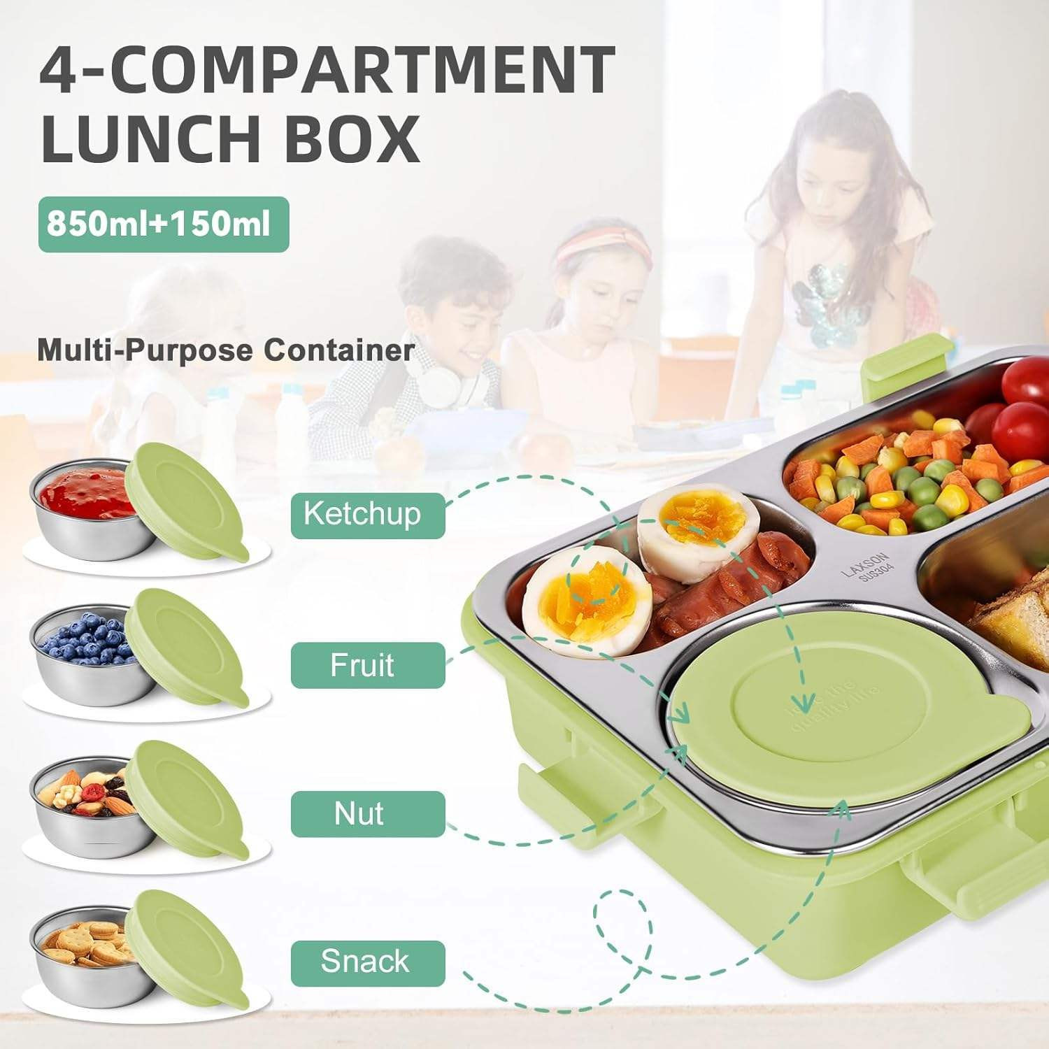 Image of RBGIIT Happiness Bento 4 Section Stainless Steel Lunch Box With Spoon & Chopsticks 4 Containers Stainless Steel Office Lunch Box