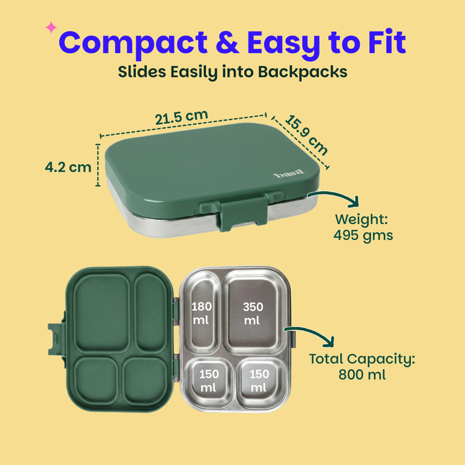 Image of BASIL Stainless Steel 4 Compartment Bento Lunch Box, BPA-Free Lid, 800ml - Wild Wood 4 Containers Stainless Steel Office Lunch Box