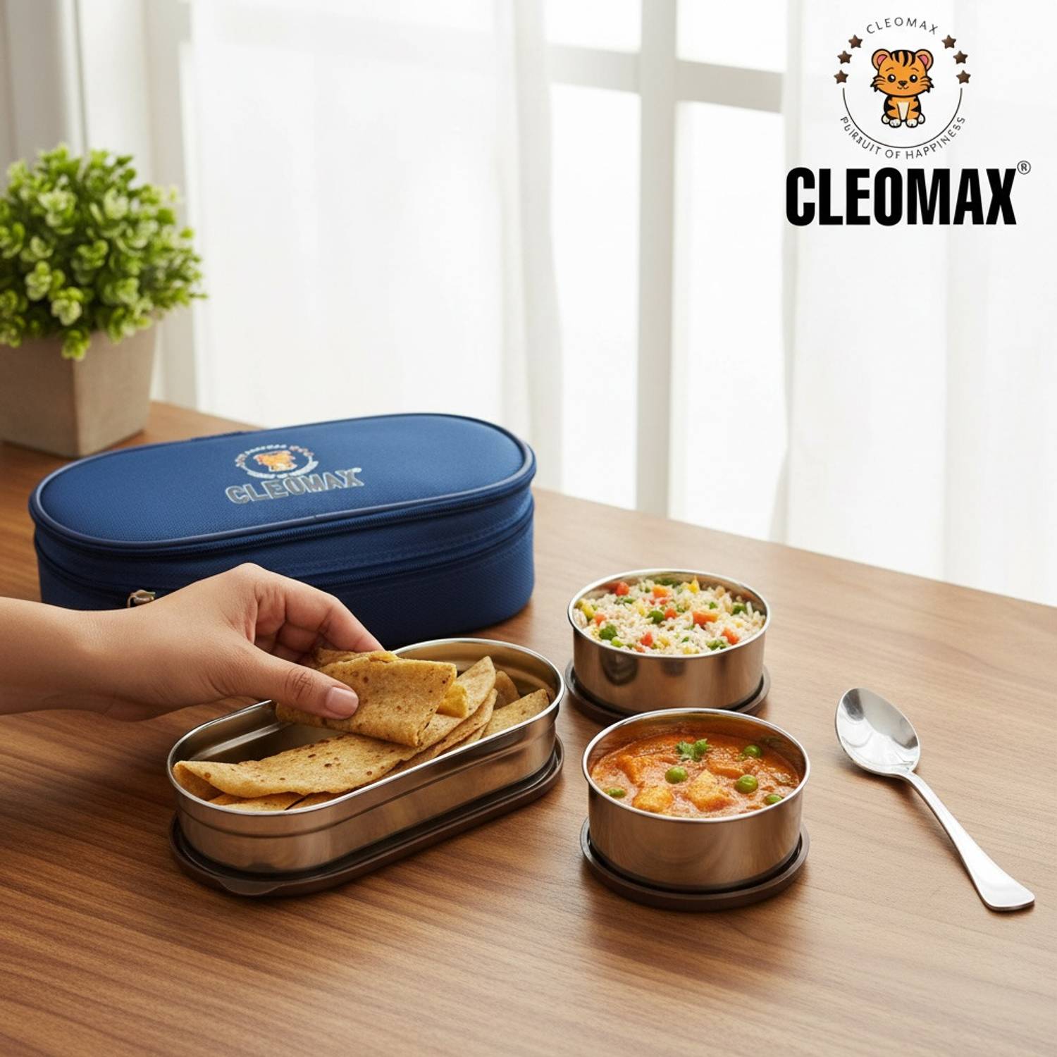CLEOMAX TRIO Stainless steel Lunch Box with Bag,Spoon 3 Containers Stainless Steel School Lunch Box — Lunch Boxes & Tiffins