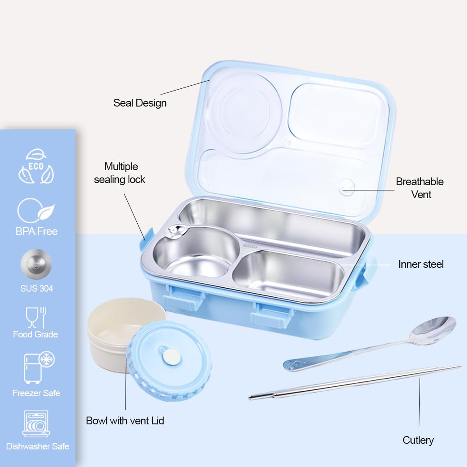 Image of RBGIIT Lunch Box with Multiple Compartments, Bowl, and Leakproof Seal 1 Containers Stainless Steel Office Lunch Box