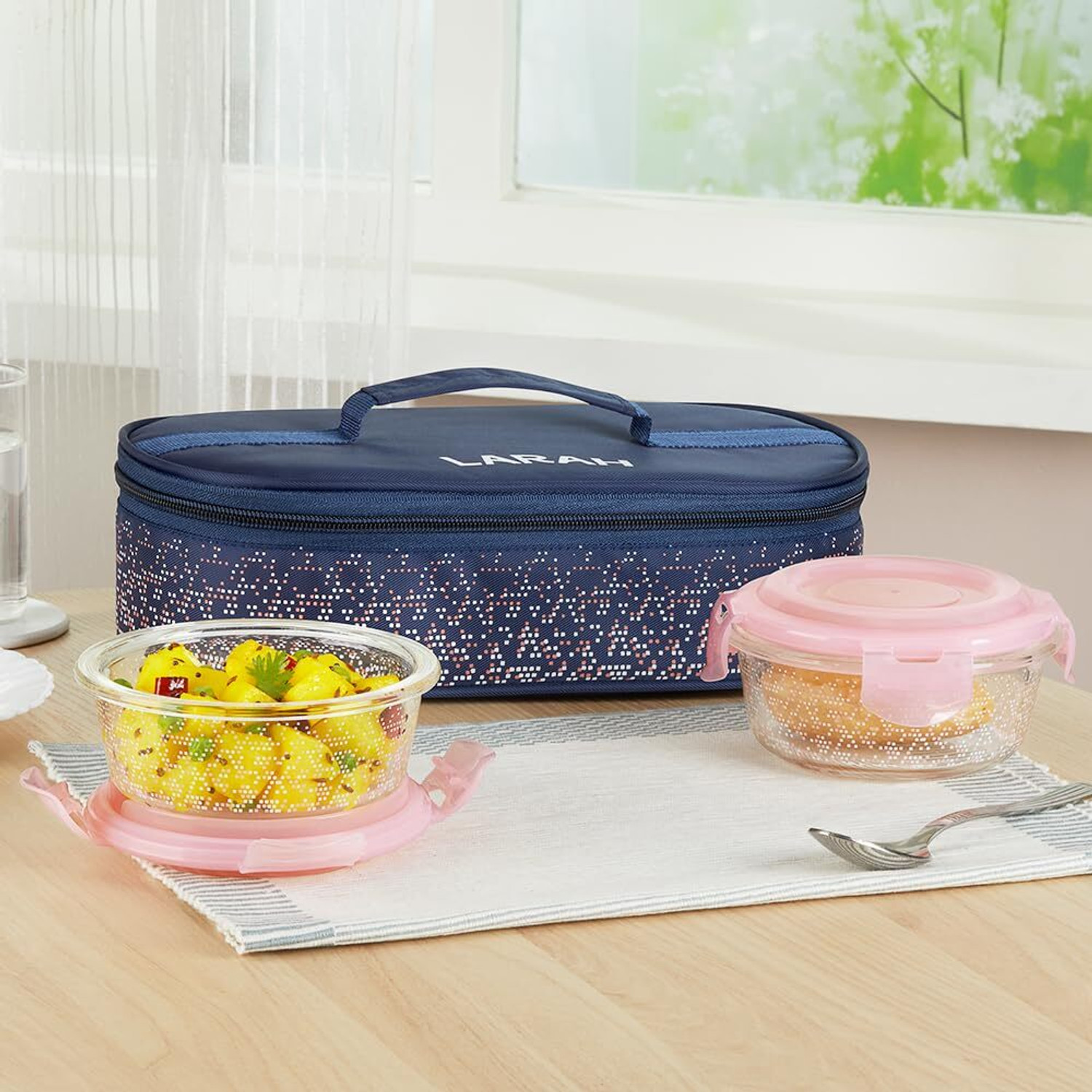Image of Larah by Borosil Speckle Pink Borosilicate Glass Tiffin, (400ml x 2) Horizontal, Round 2 Containers Glass Office Lunch Box