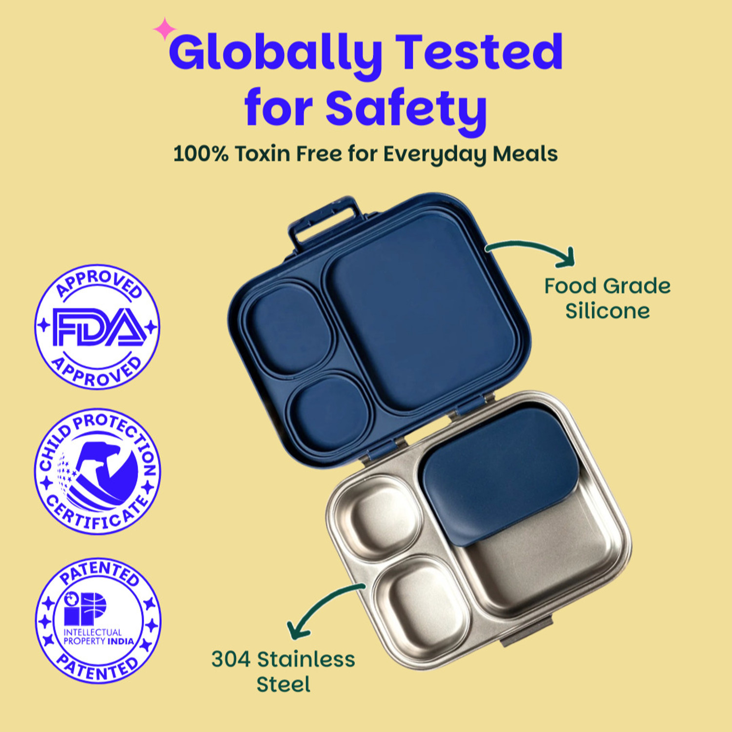 Image of BASIL Quad plus 4-Compartment Stainless Steel Bento Box (1020ml) - Indigo Zen 4 Containers Stainless Steel Office Lunch Box